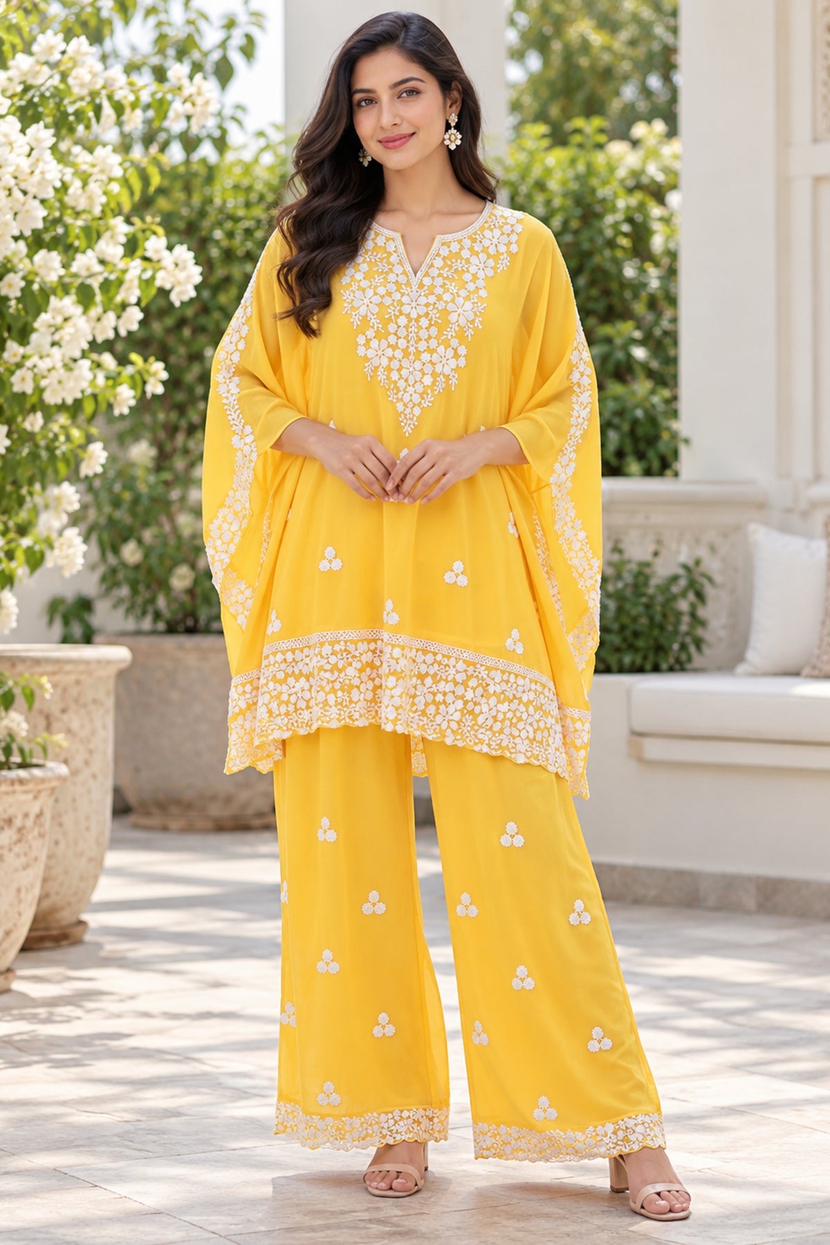Yellow Floral Embroidered Kaftan Coord Set