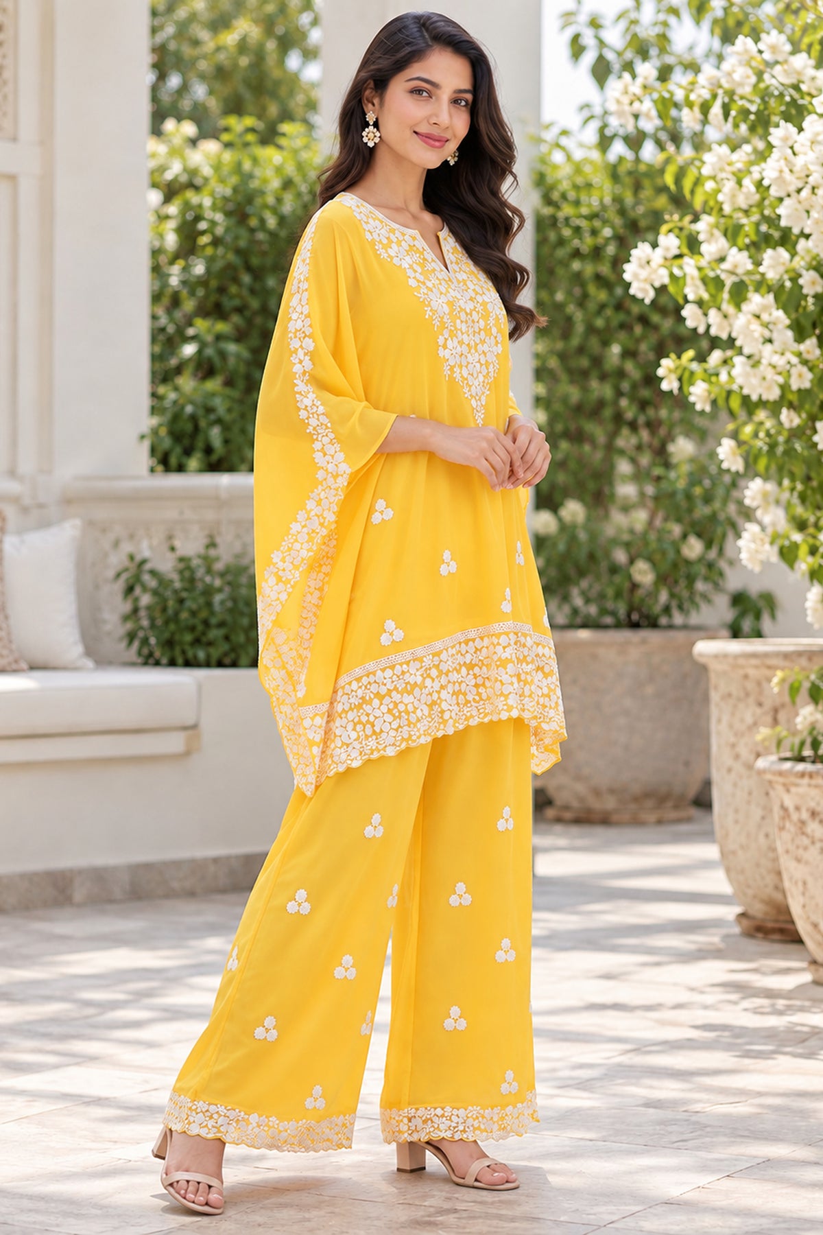 Yellow Floral Embroidered Kaftan Coord Set