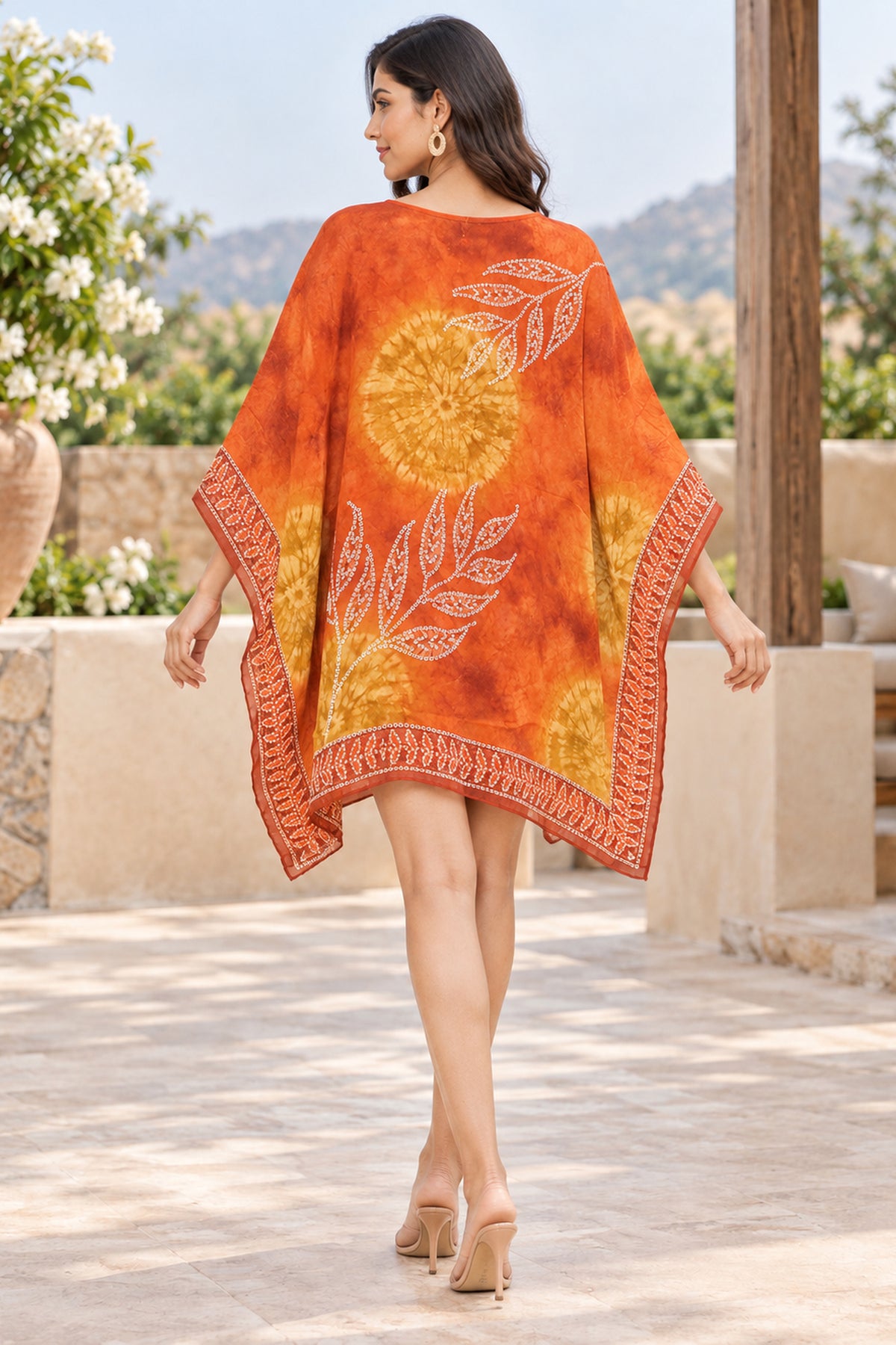 Orange Batik Printed Short Kaftan
