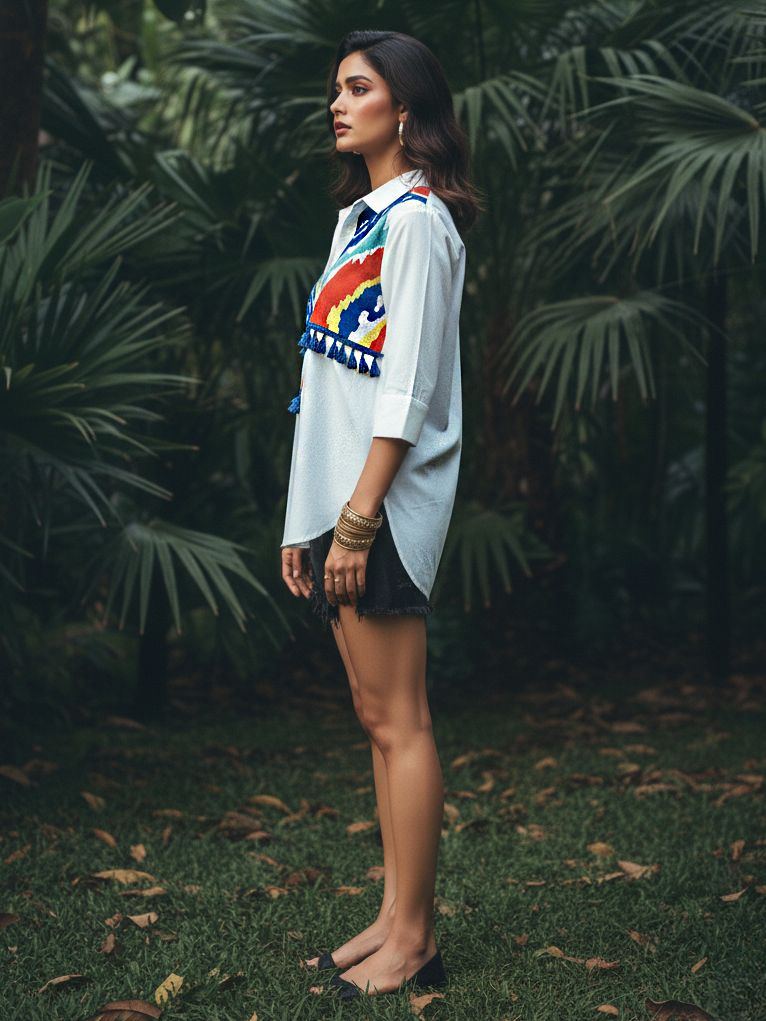 White Multicolor Thread Embroidered Cotton Shirt