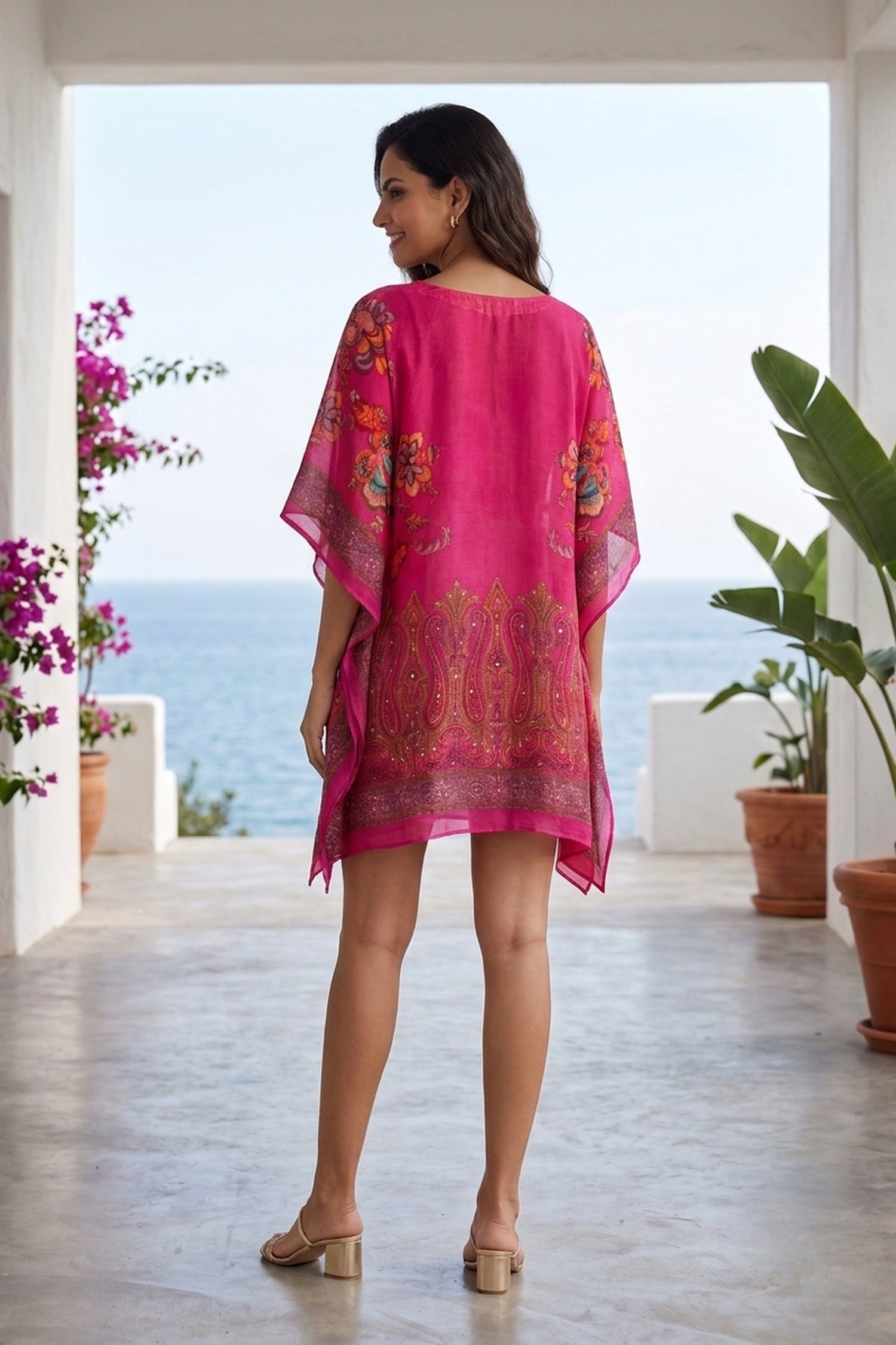 Fuchsia Pink Printed Short Kaftan Dress