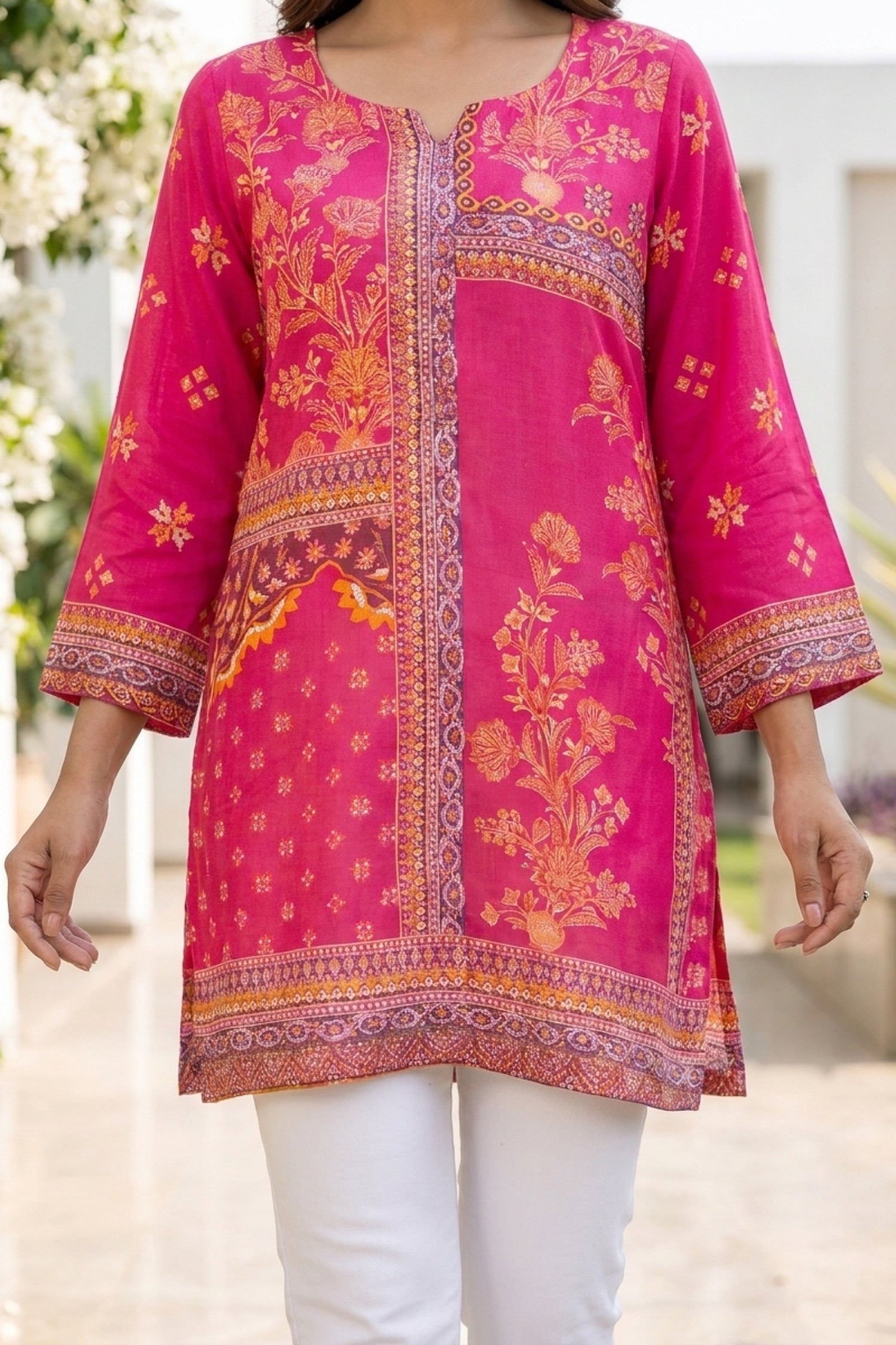 Fuchsia Pink Printed Straight Short Kurti Top
