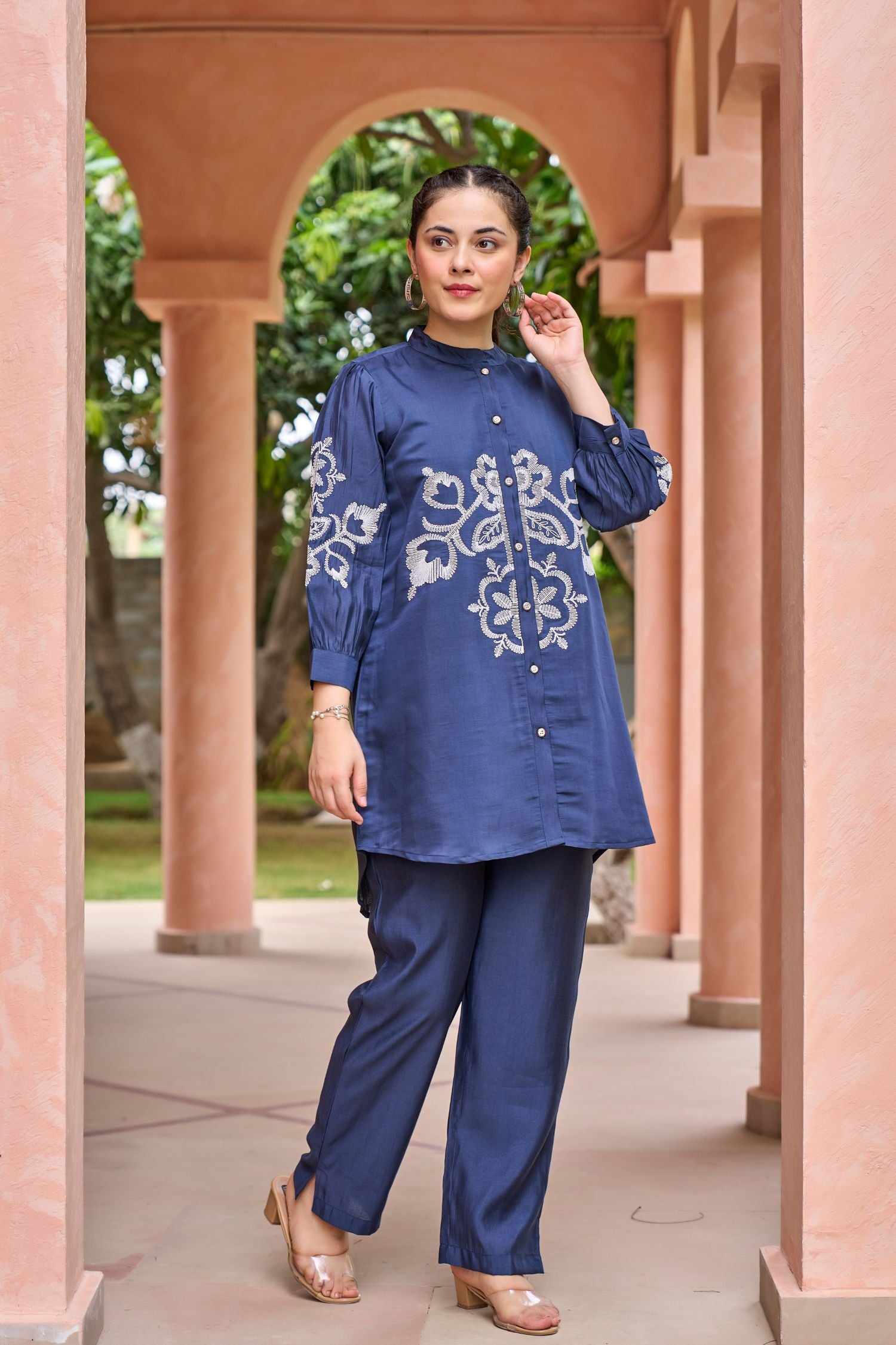 Navy Blue Cotton Cord Set with Striking Central Print