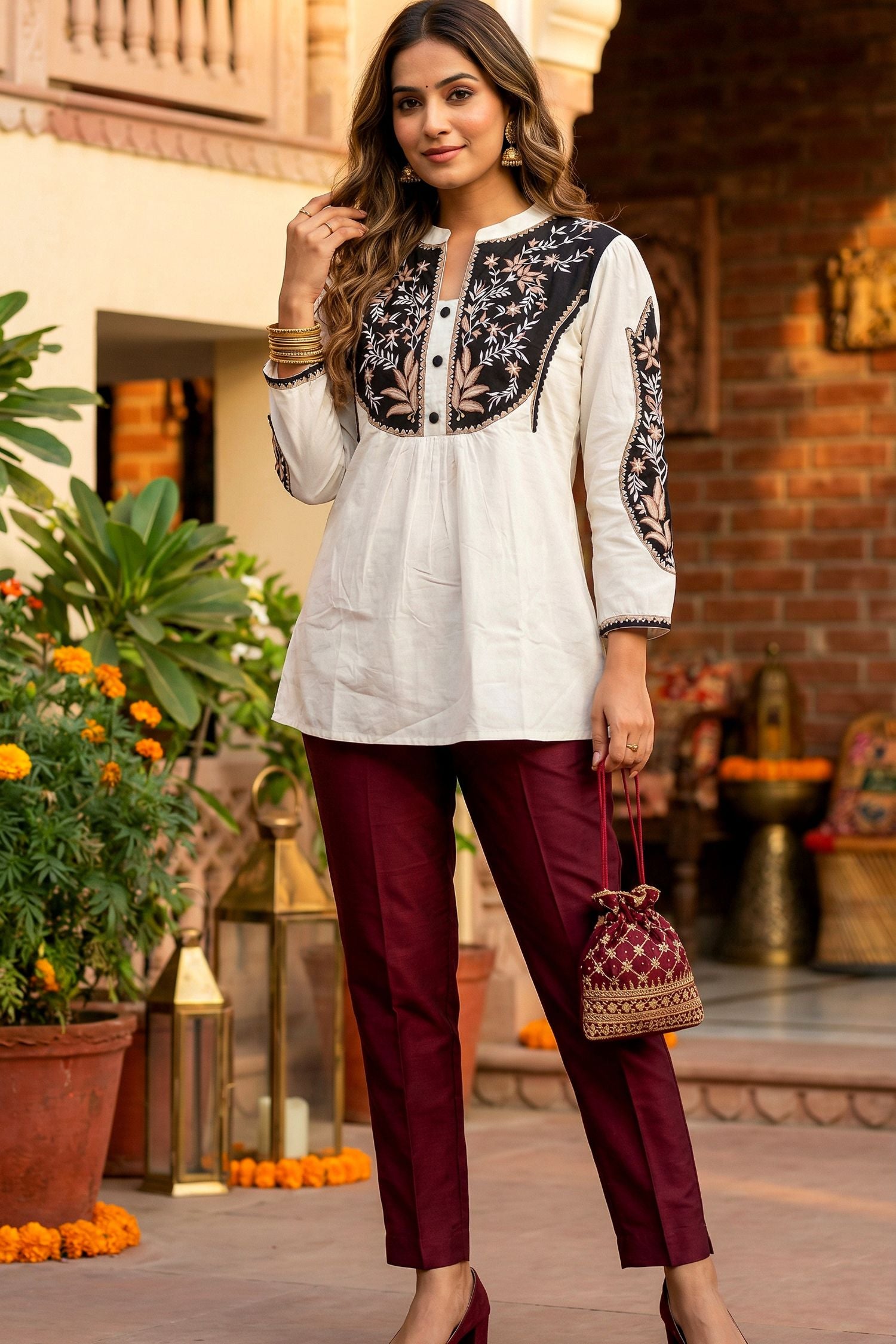 White Aura Line Pattern A-Line Top with Floral Neck