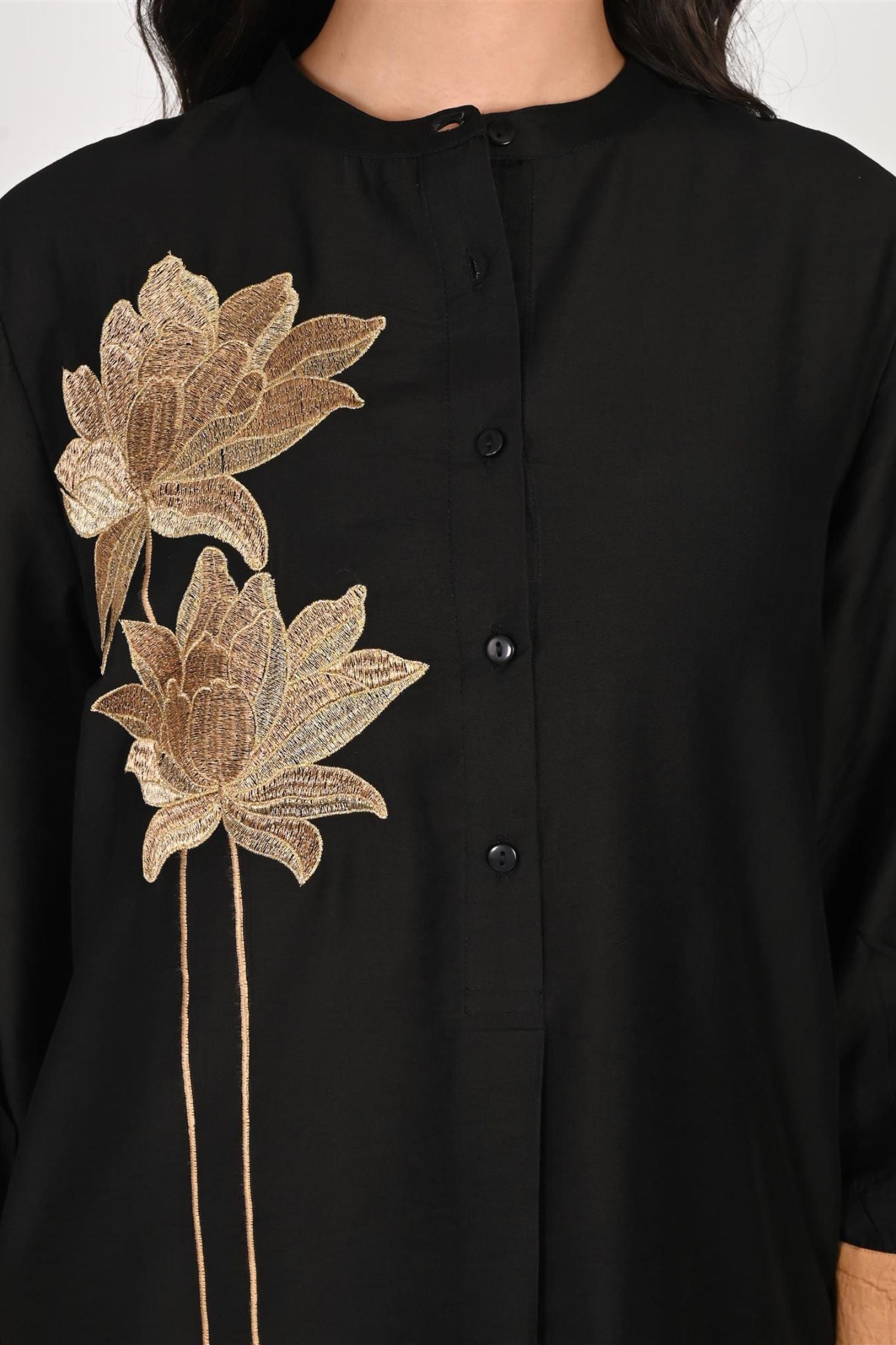 Black Satin Cord Set with Elegant Floral Design