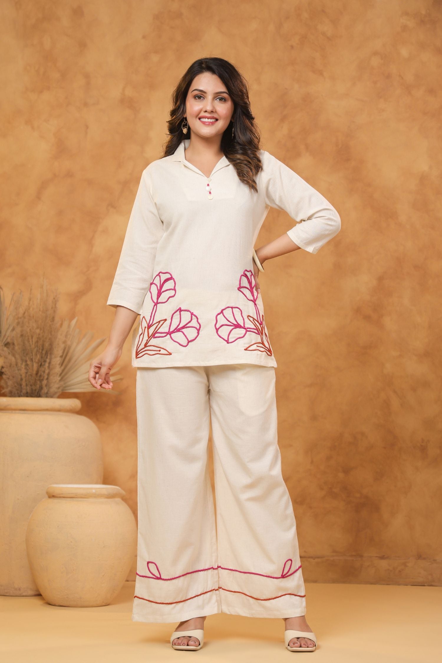 Cream Floral Work Cord Set