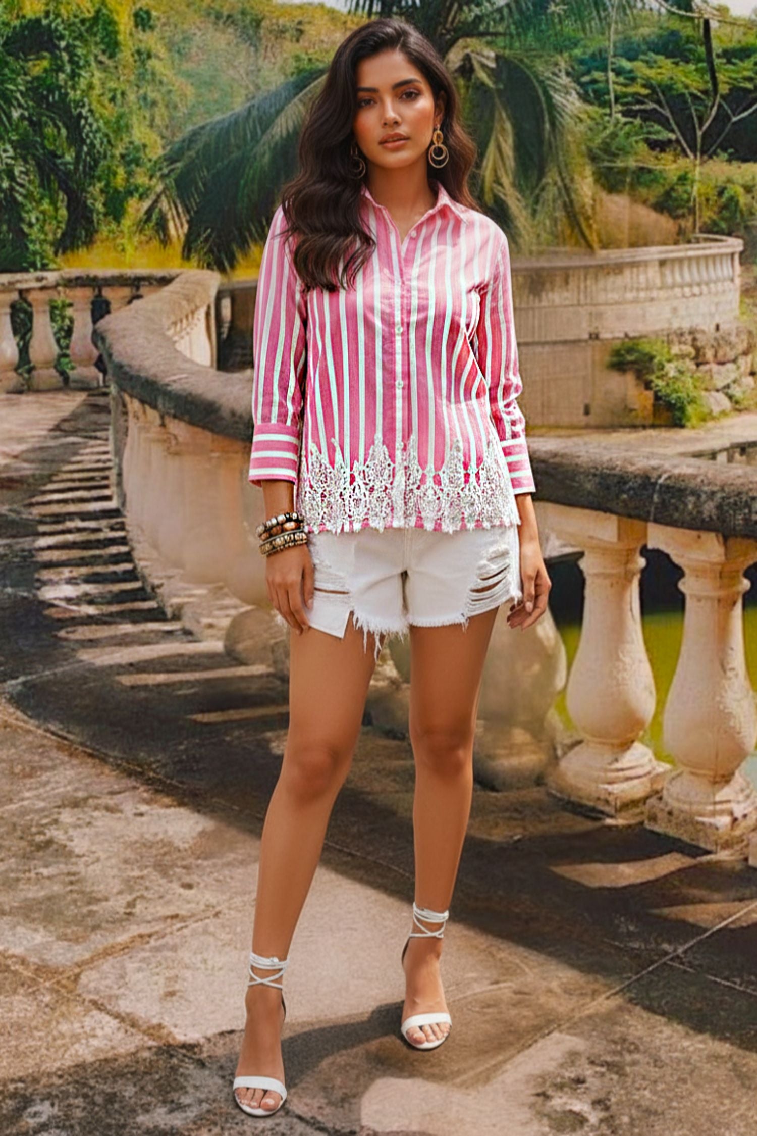 Classic Pink Cotton Shirt with Lace Pattern