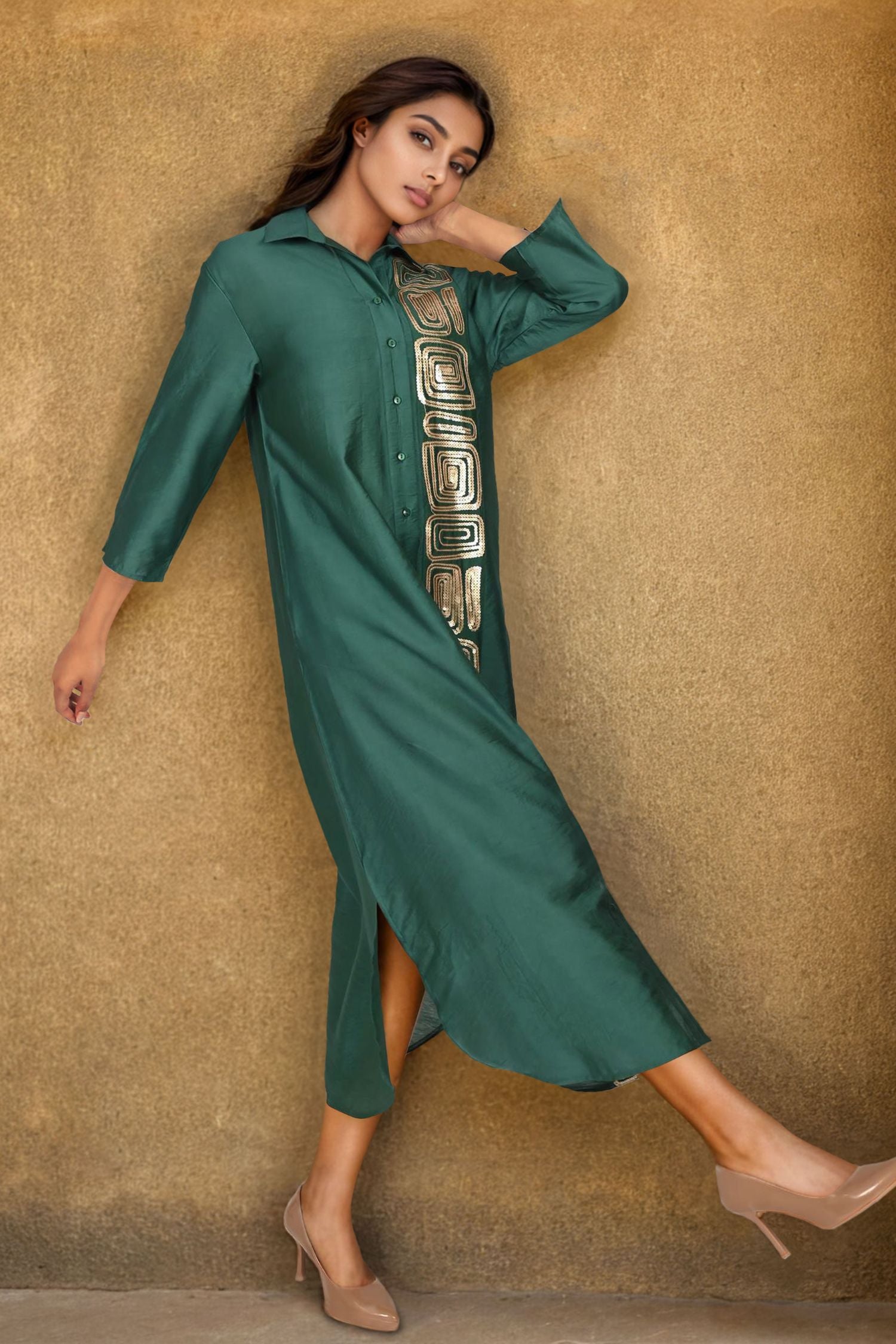 Green Satin Long Dress with Artistic Block Print Work