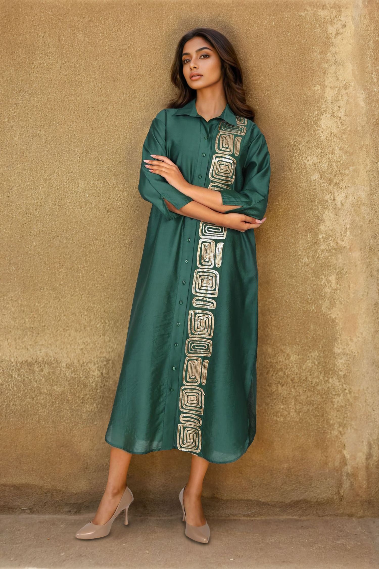 Green Satin Long Dress with Artistic Block Print Work