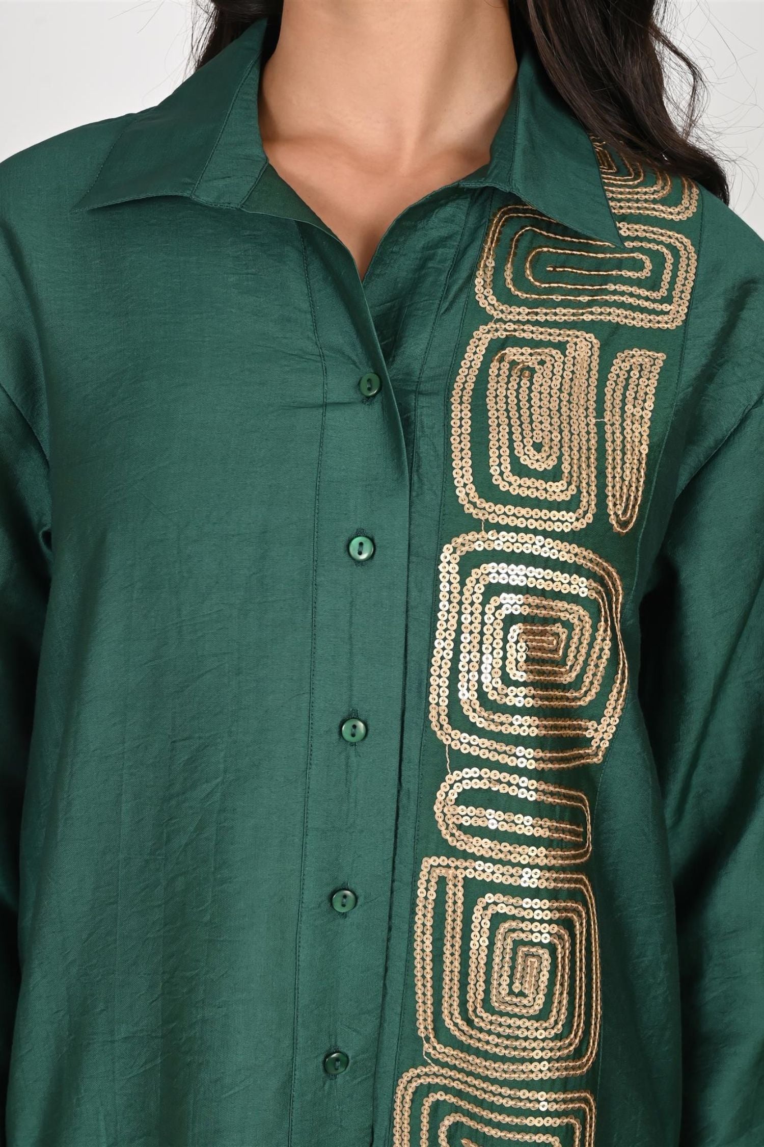 Green Satin Long Dress with Artistic Block Print Work