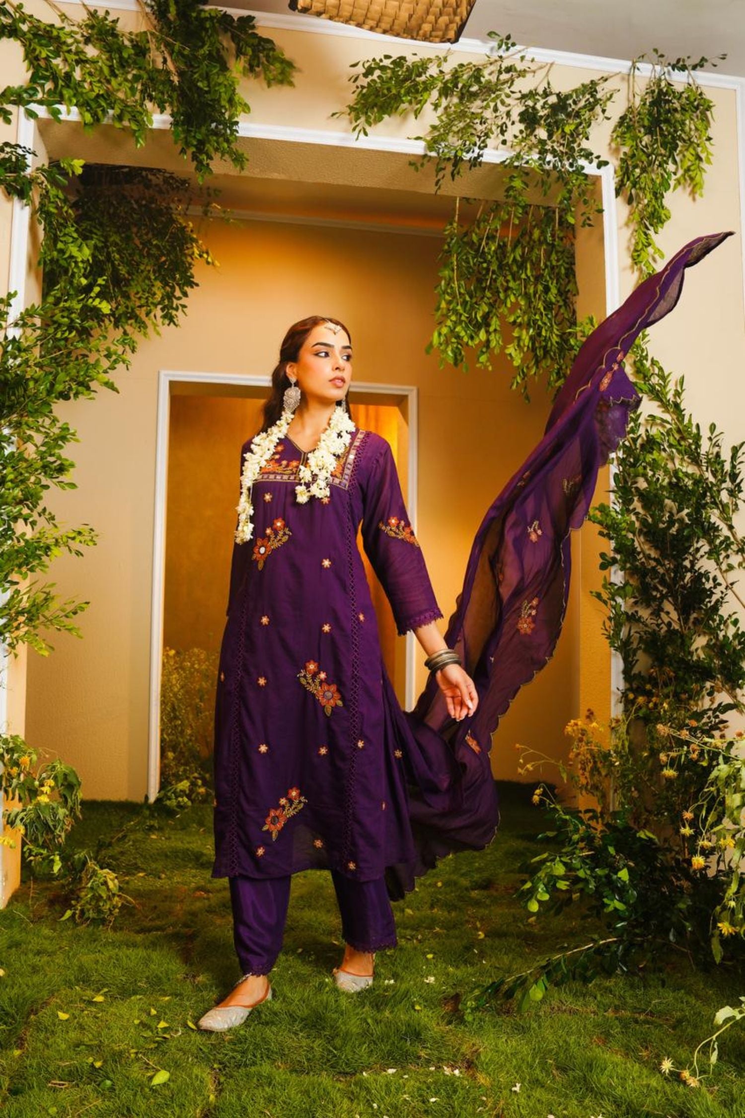 Purple Embroidered Kurta Three-Piece Set with Dupatta