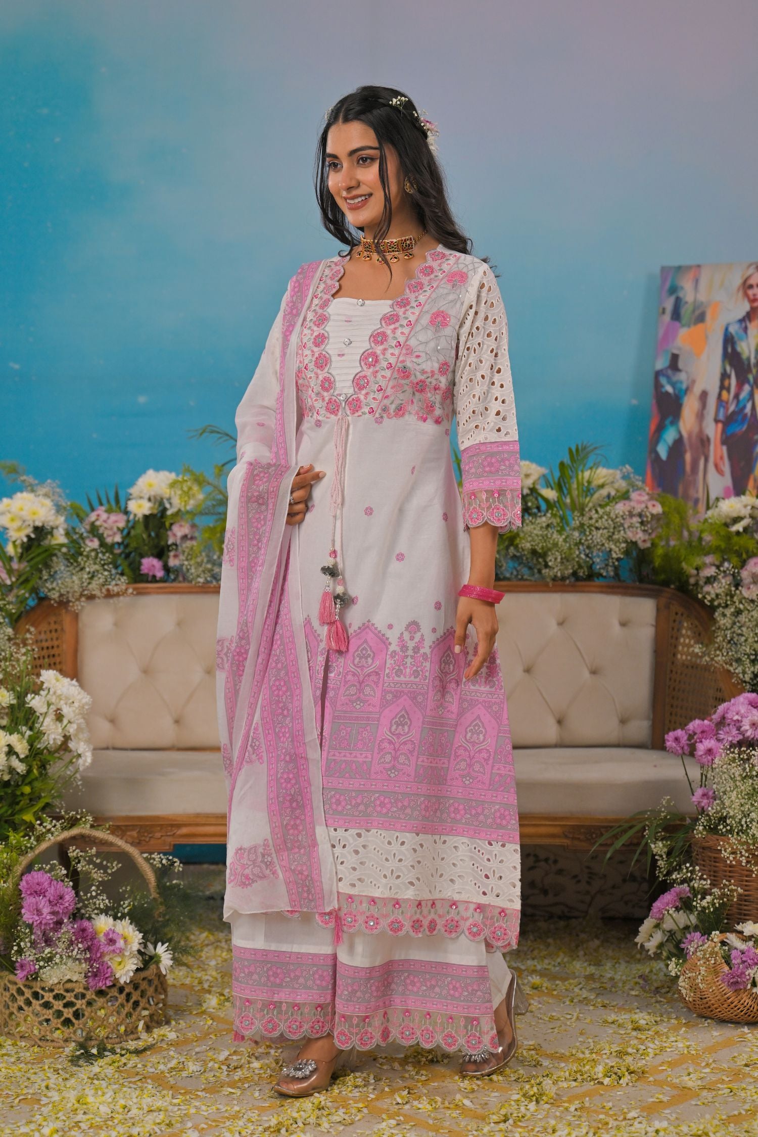 White & Pink Printed Cotton Kurta Three-Piece Set with Dupatta