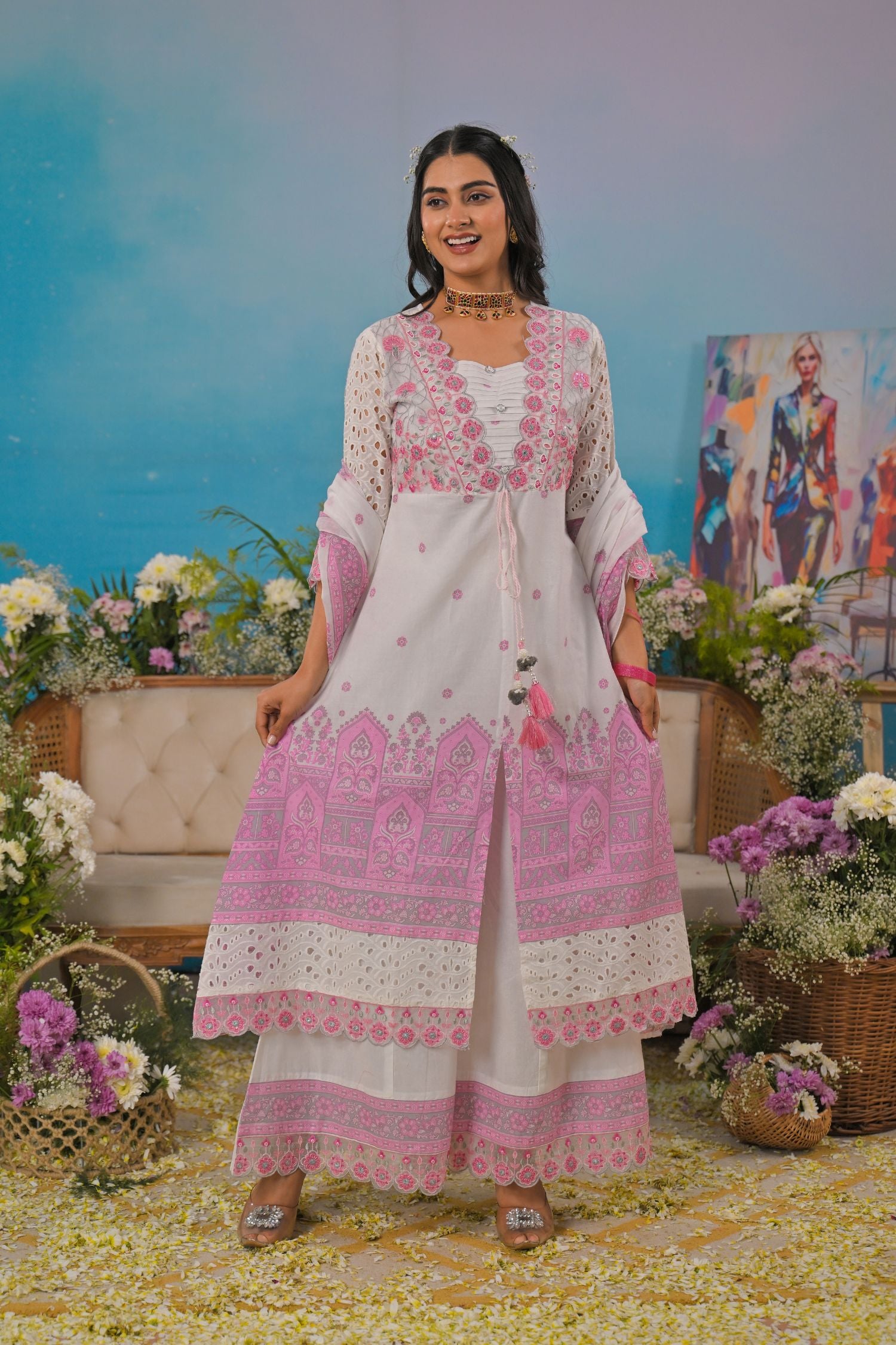 White & Pink Printed Cotton Kurta Three-Piece Set with Dupatta