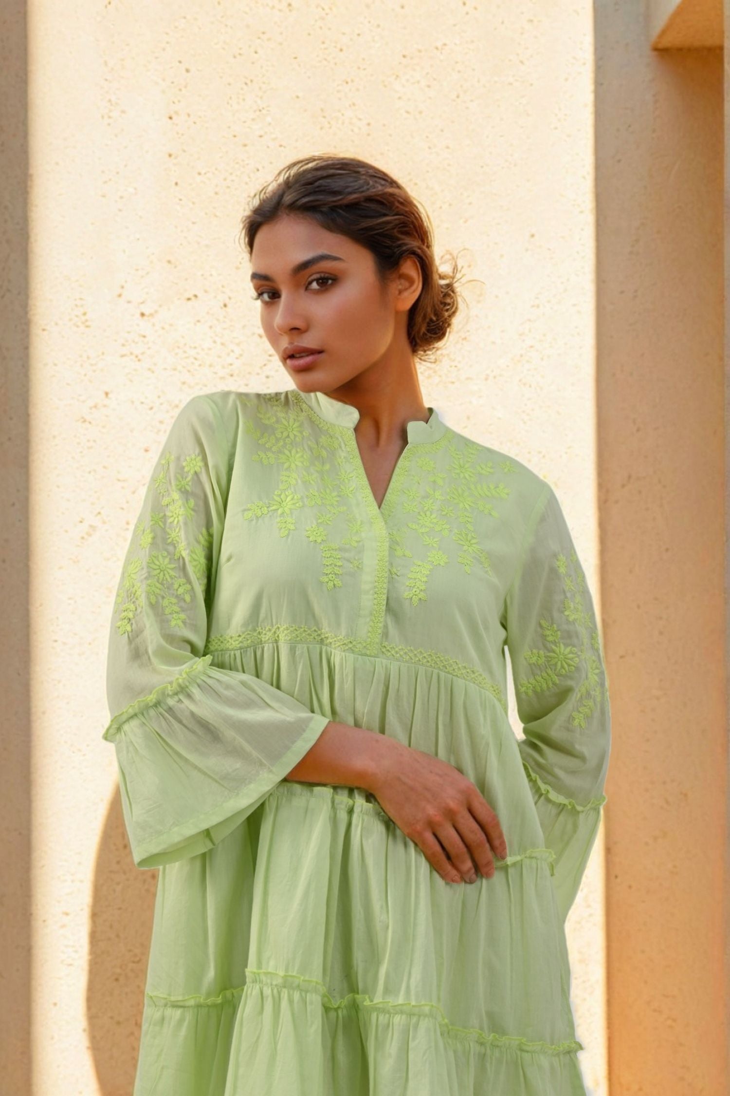 Mint Dress in Cotton with Loose Full-Length Sleeves