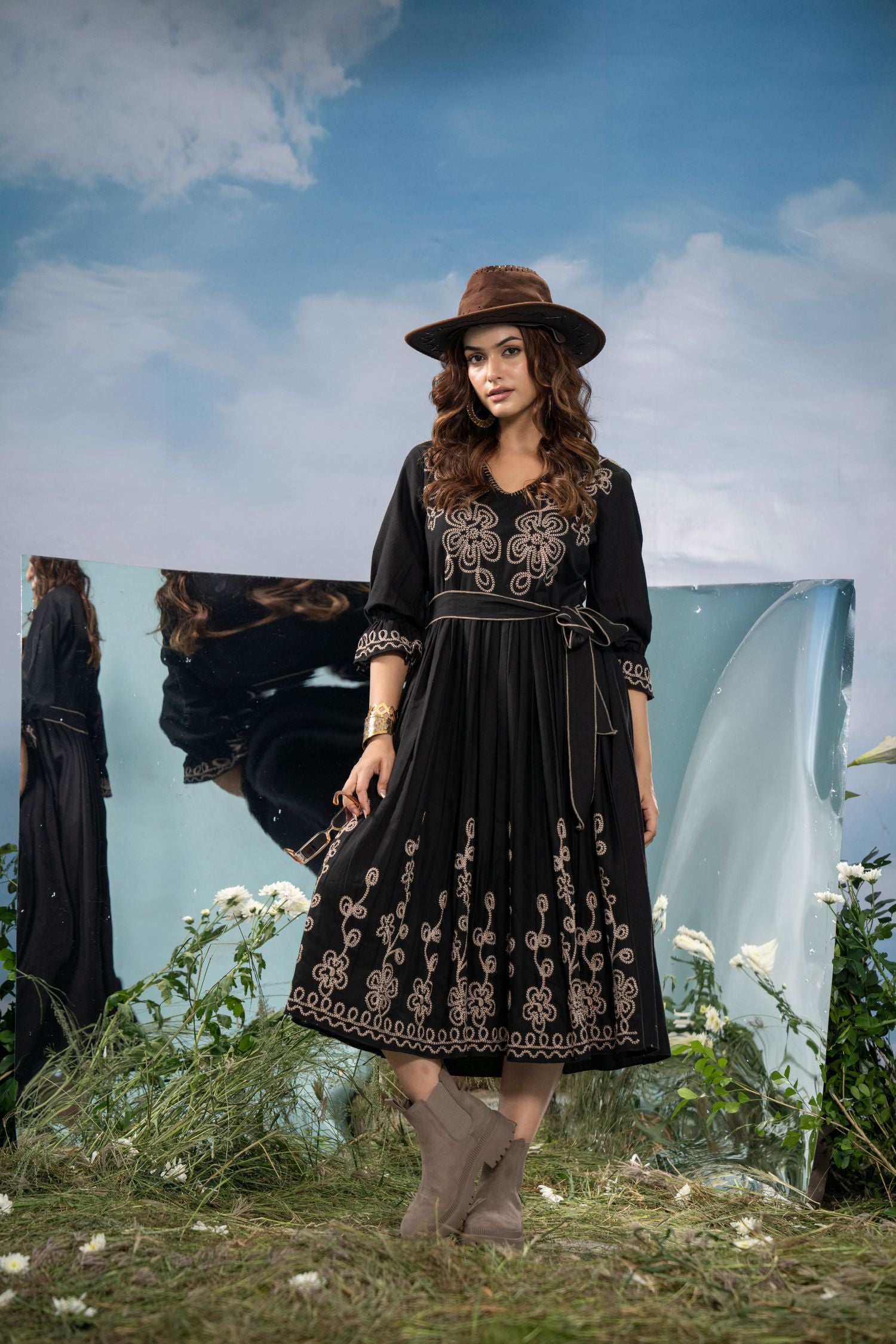 Black Long Dress with Elegant Thread Embroidery & Belt