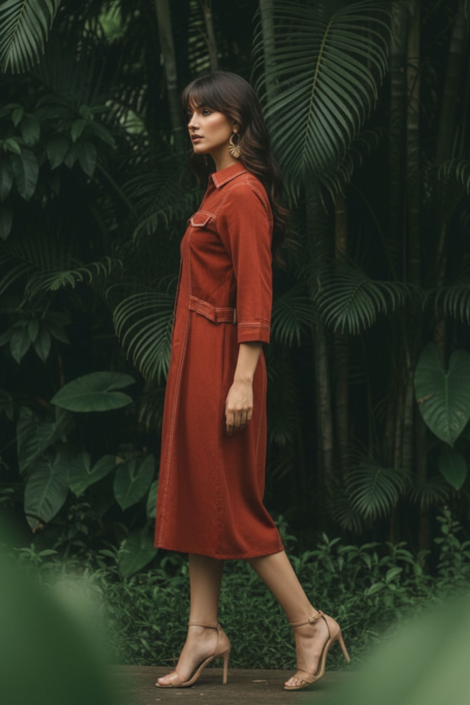 Rust Denim Long Dress with Moti Work on Pocket