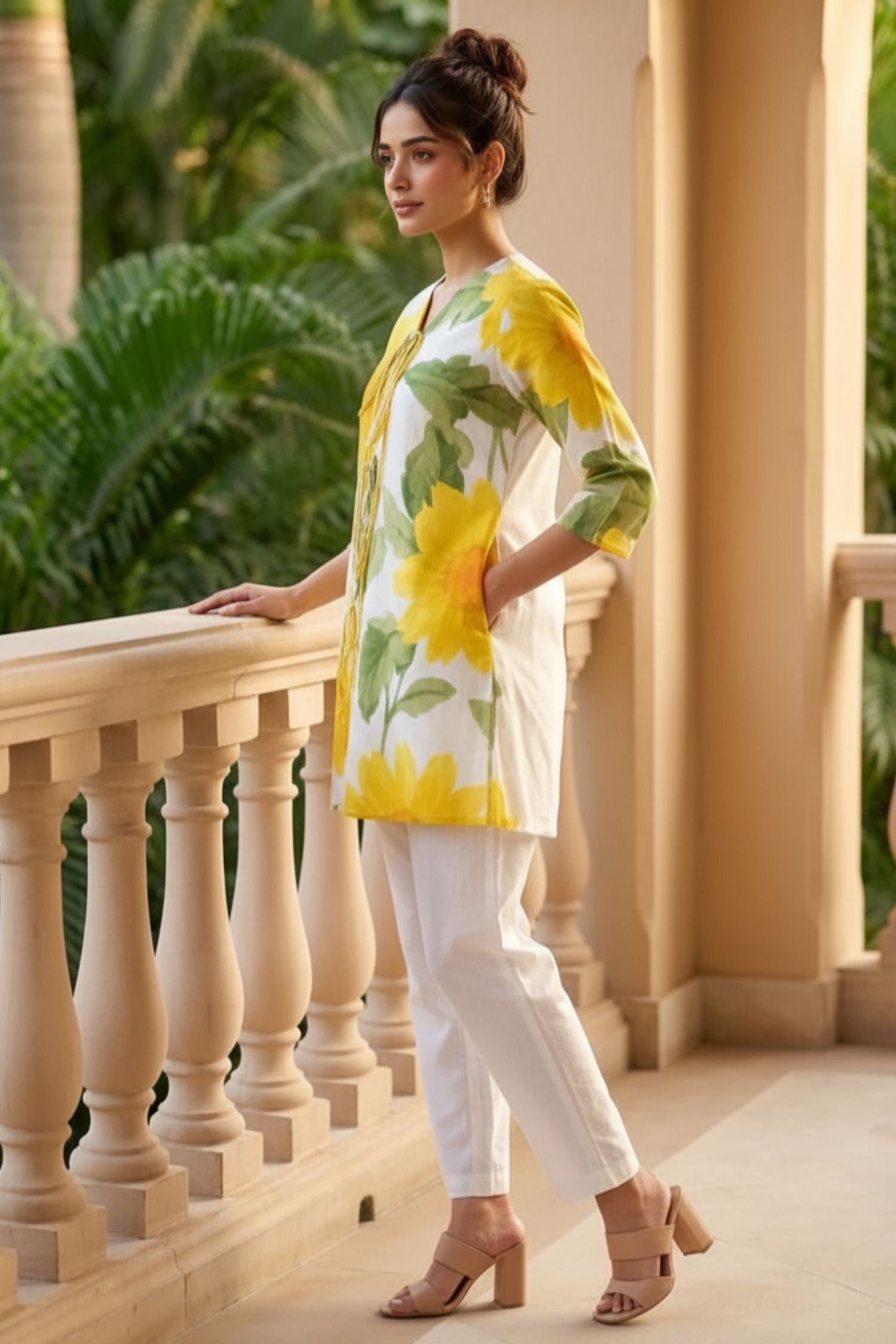 Yellow Cotton Tunic Co-ord Set with Bold Sunflower Print