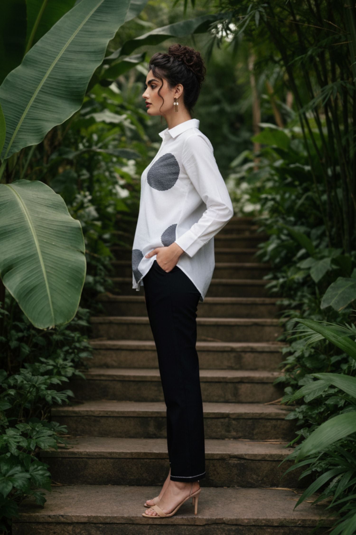 White Co-ord Set with Circular Print Shirt and Black Pants