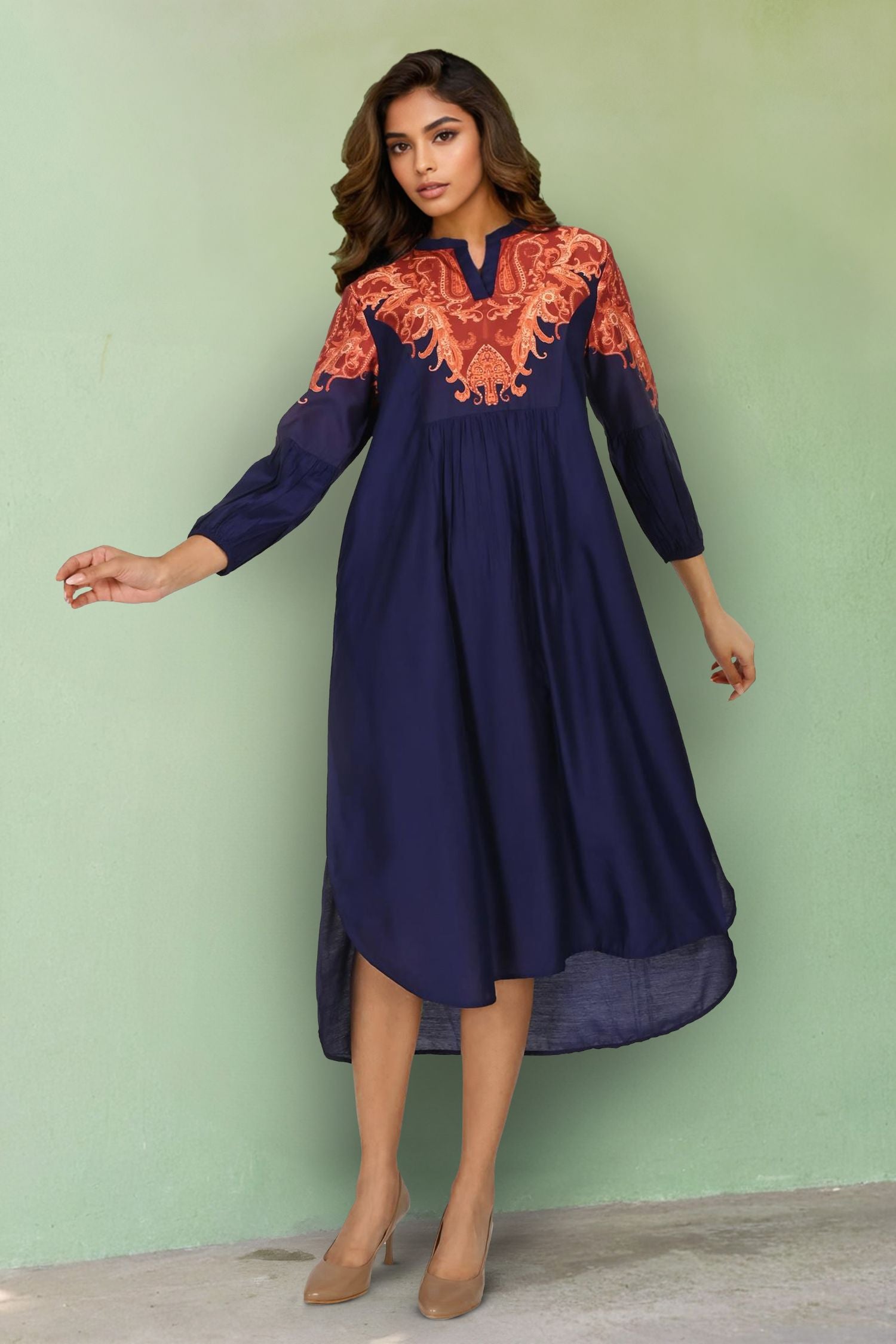 Navy Blue Long Dress Featuring 3/4th Sleeves and Detailed Neck Print