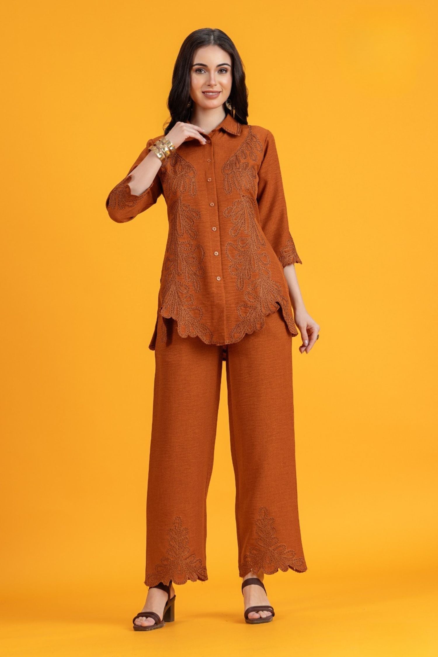Brown Cord Set with Printed Shirt-Style Top and Matching Bottoms