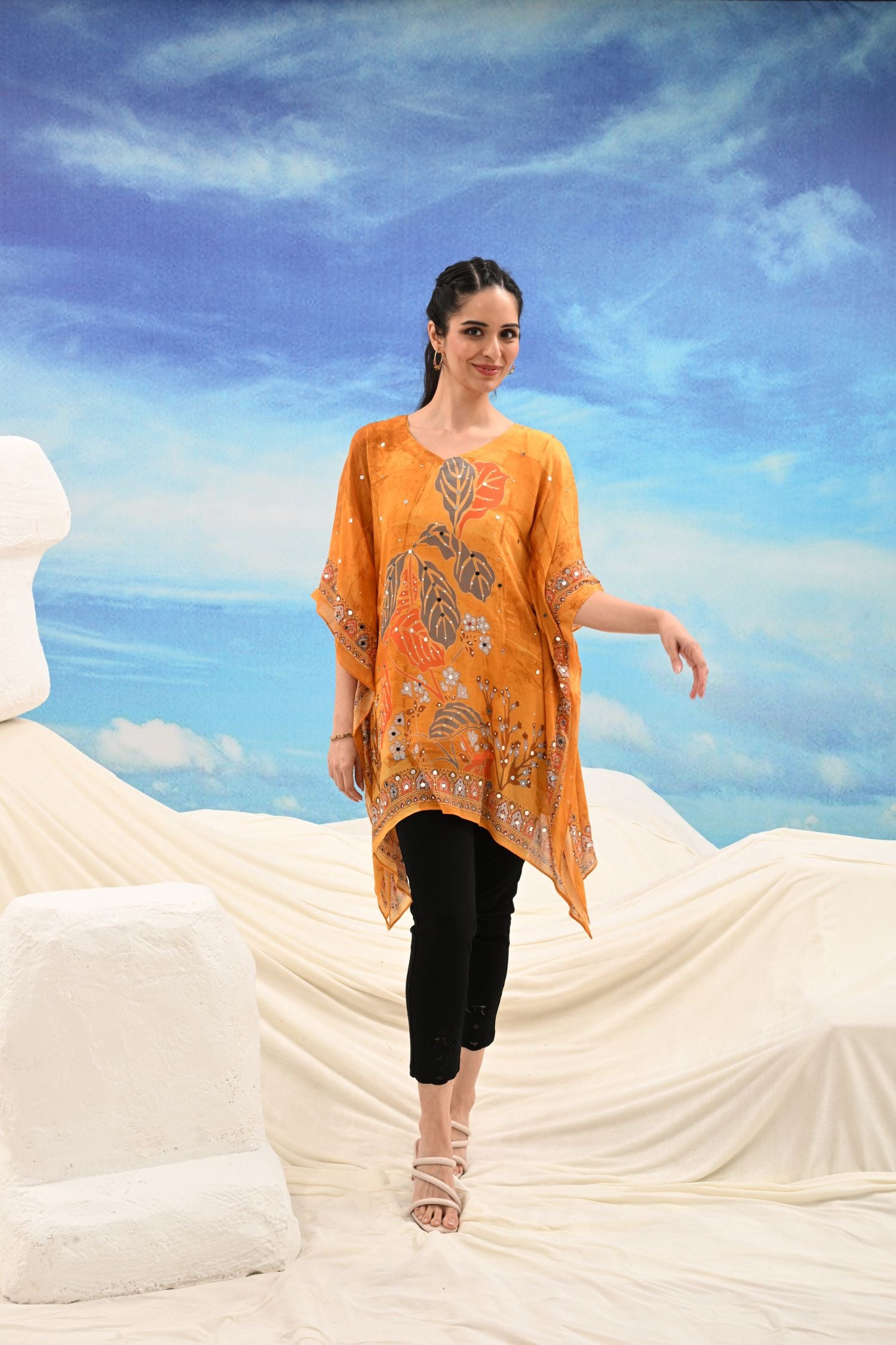 Mustard Mirror Work Embroidered Short Kaftan