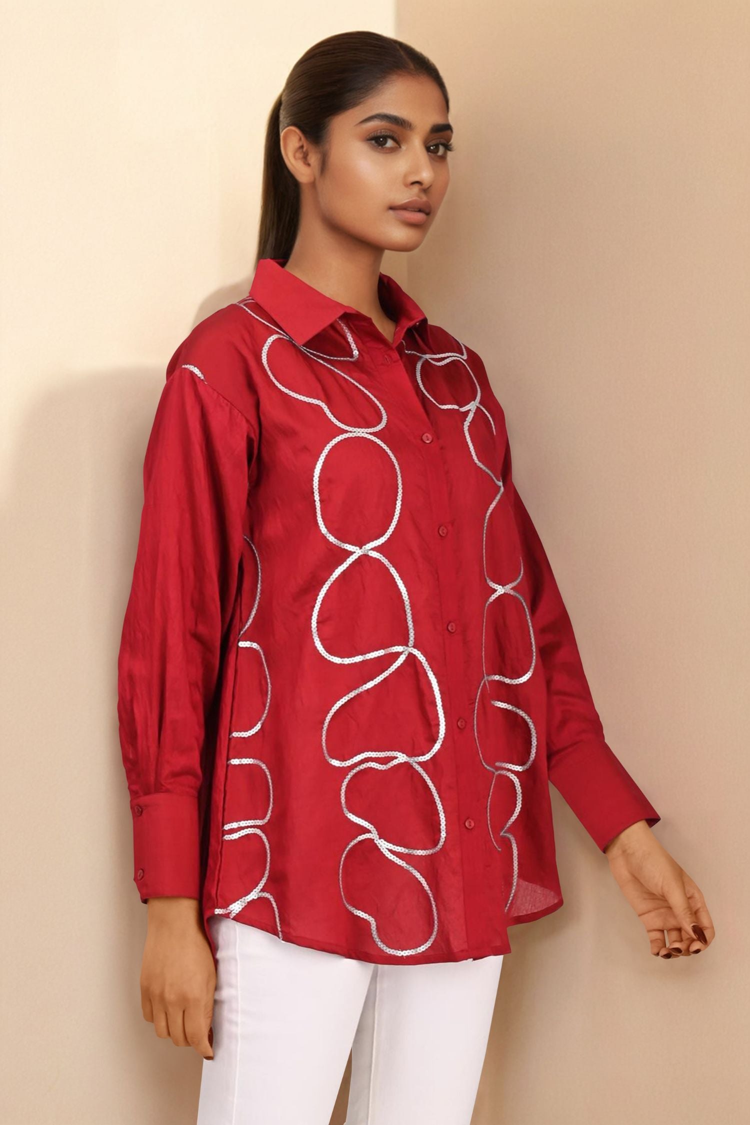 Maroon Full-Sleeve Shirt with Elegant Golden Stripes