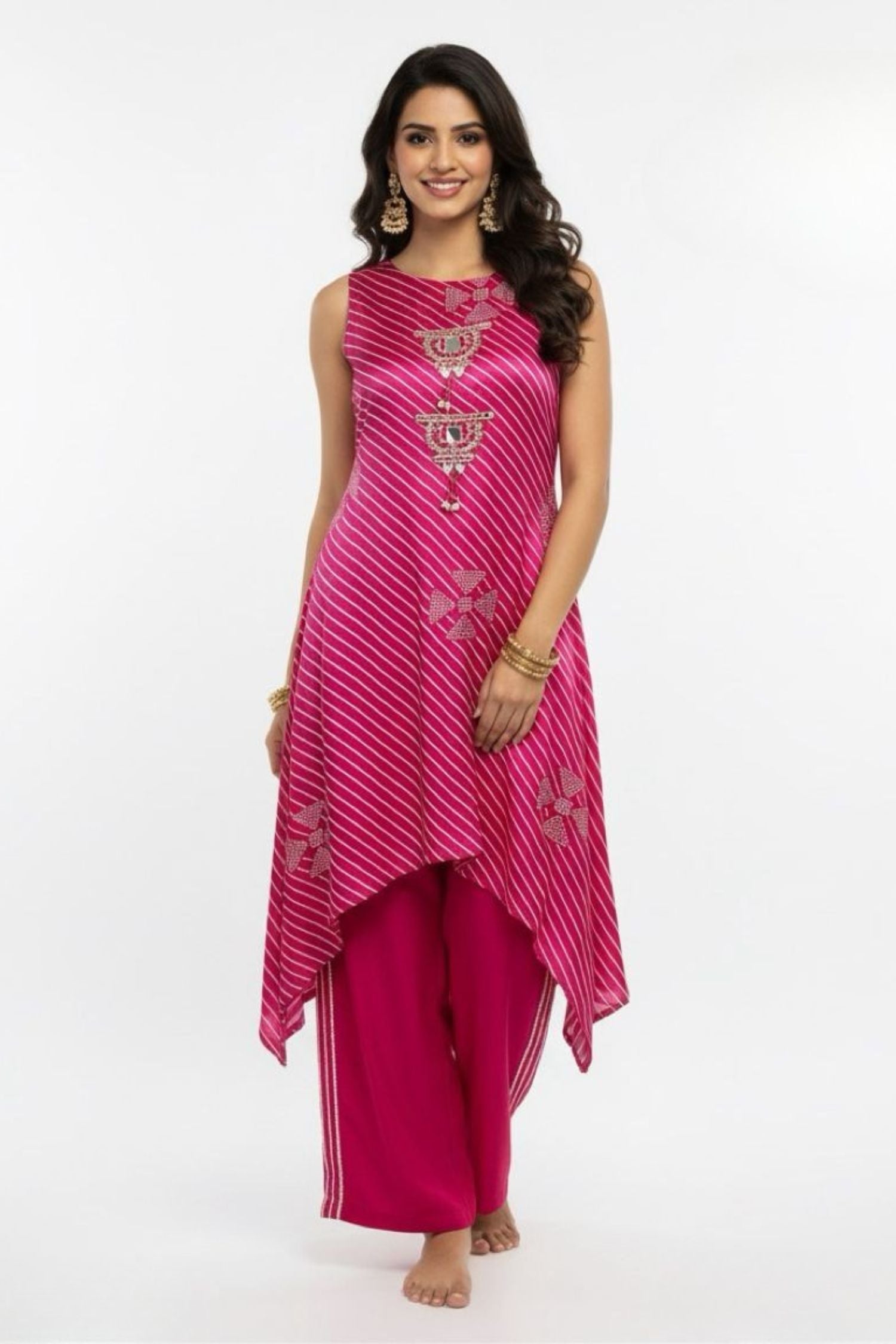 Rani Pink Sleeveless Cord Set with Printed Top and Matching Bottoms