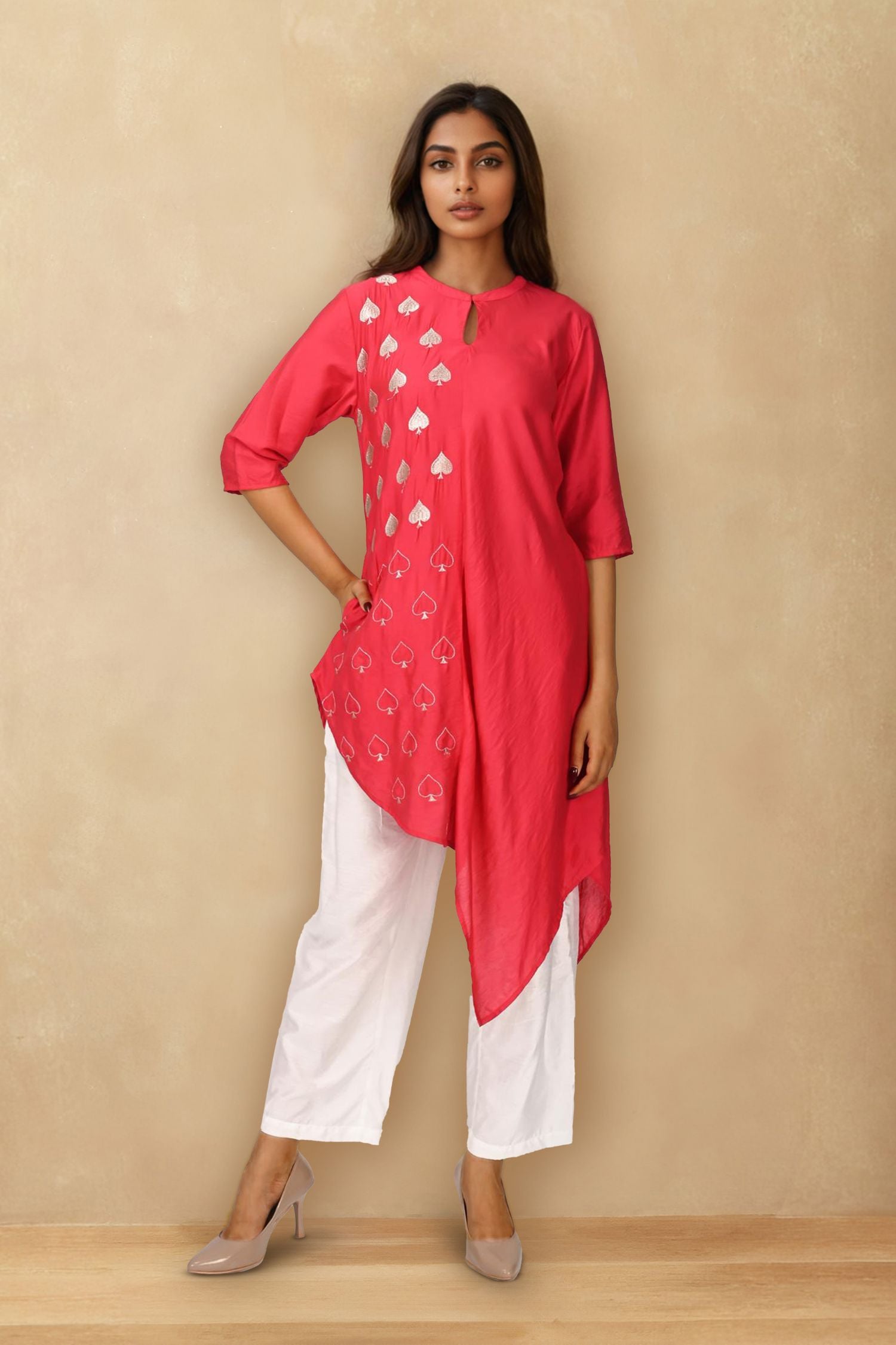 Leaf print Asymmetrical Pink Cord set