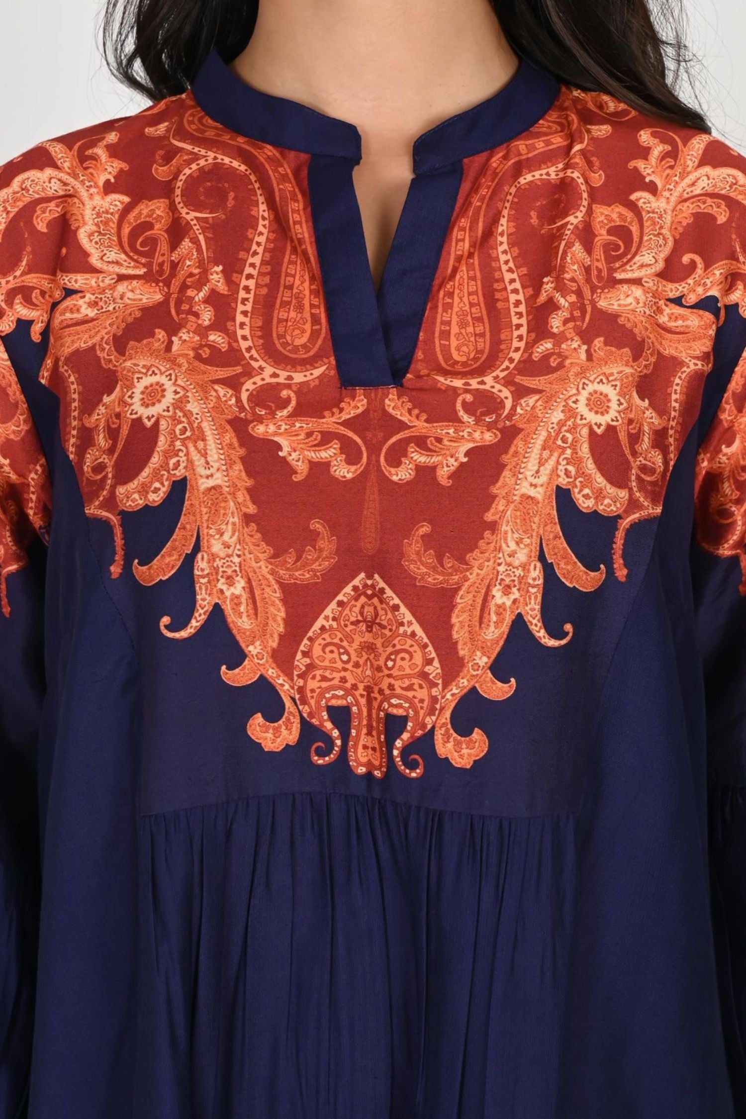 Navy Blue Long Dress Featuring 3/4th Sleeves and Detailed Neck Print