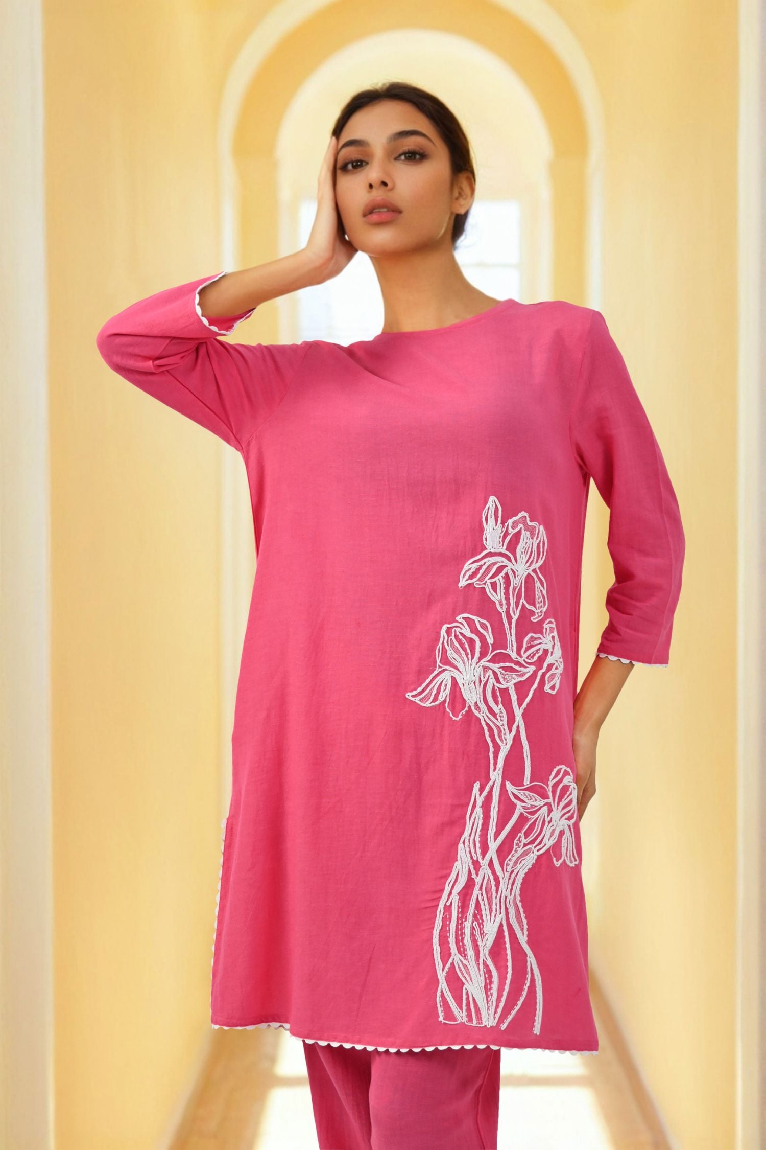 Pink Cord Set with Flower Patch and Thread Work Detailing