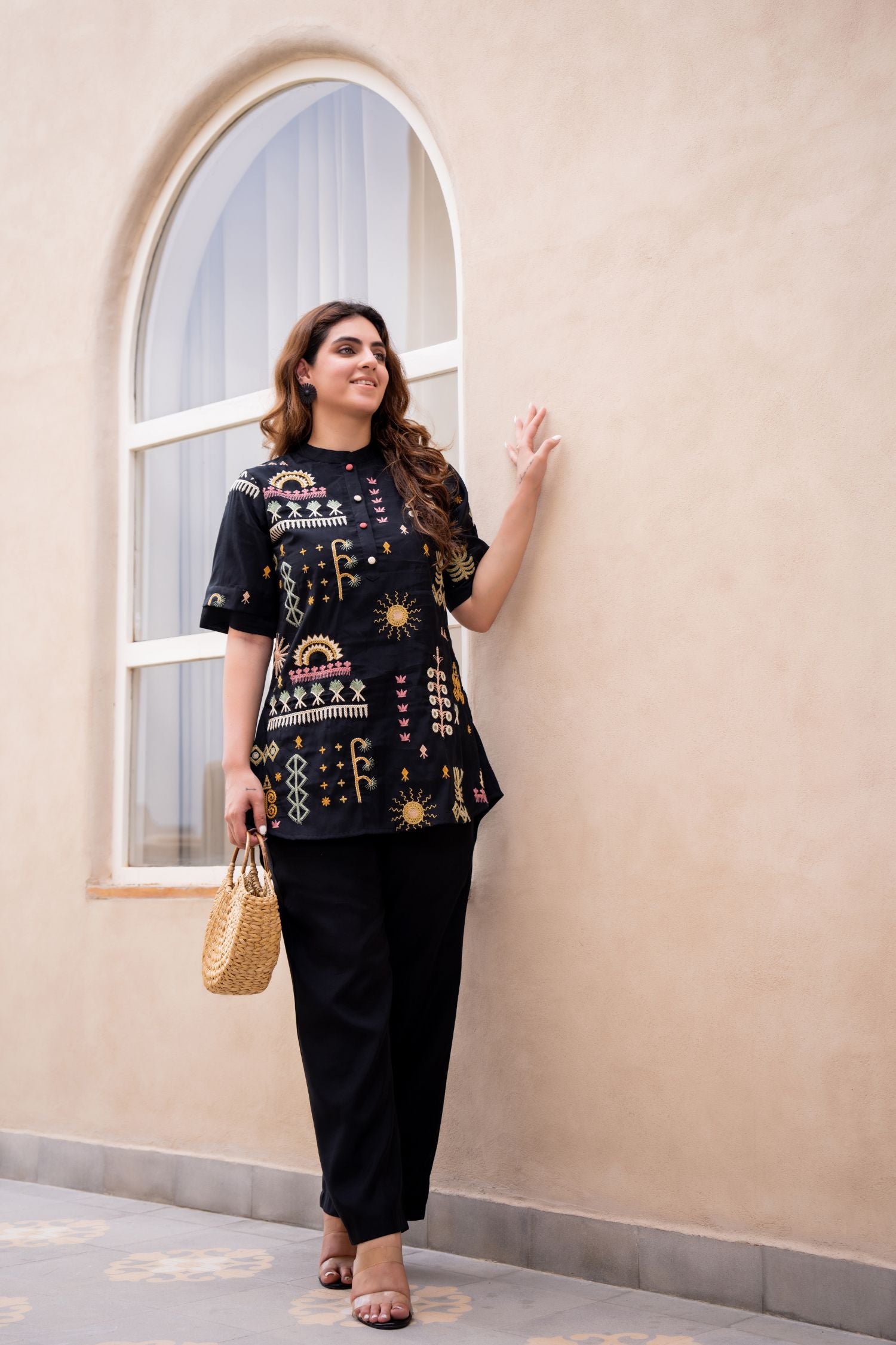 Black Cord Set with Elegant Thread Work and High-Low Top