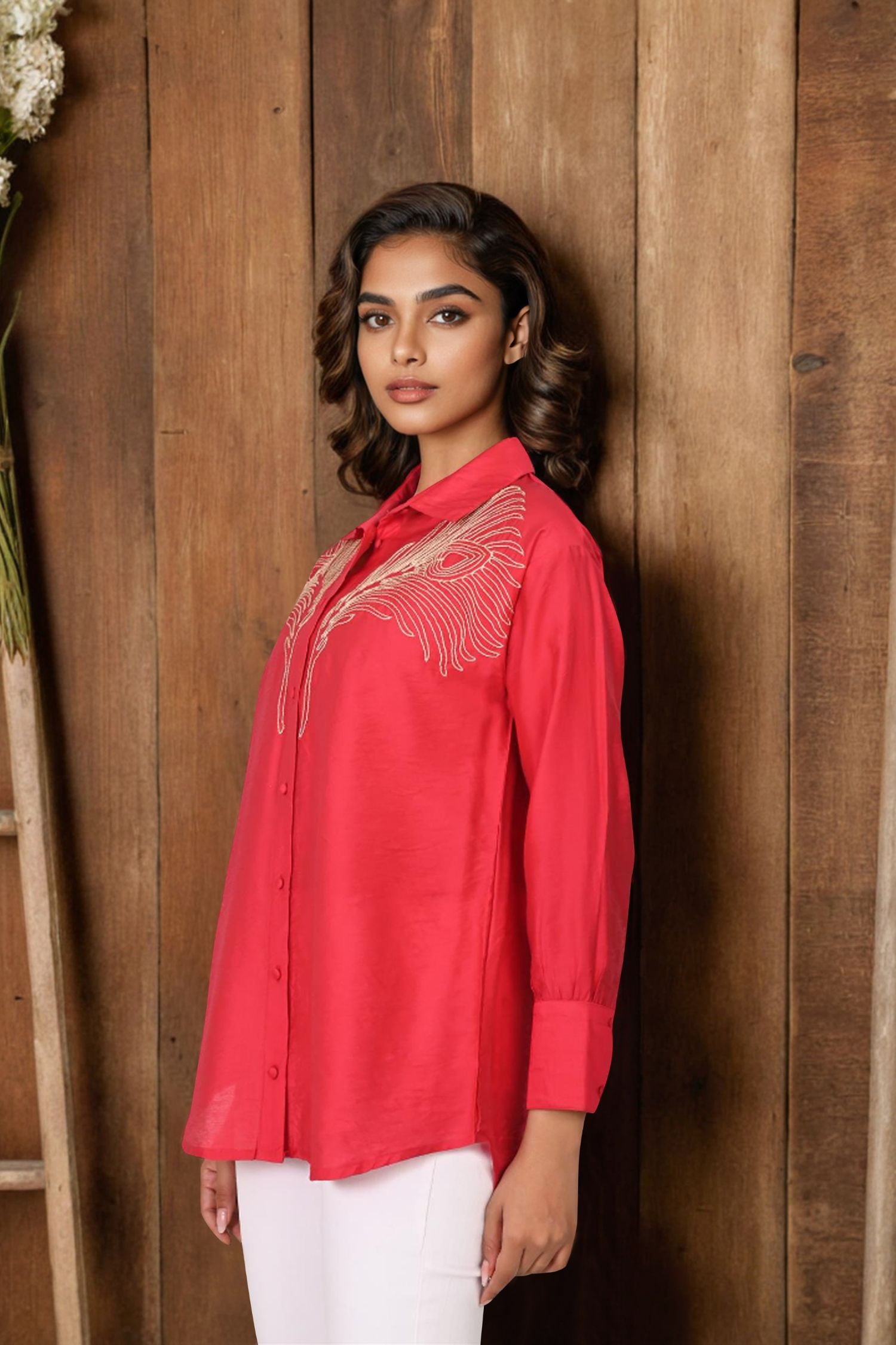 Red Full-Sleeve Shirt Featuring Delicate Embroidered Work