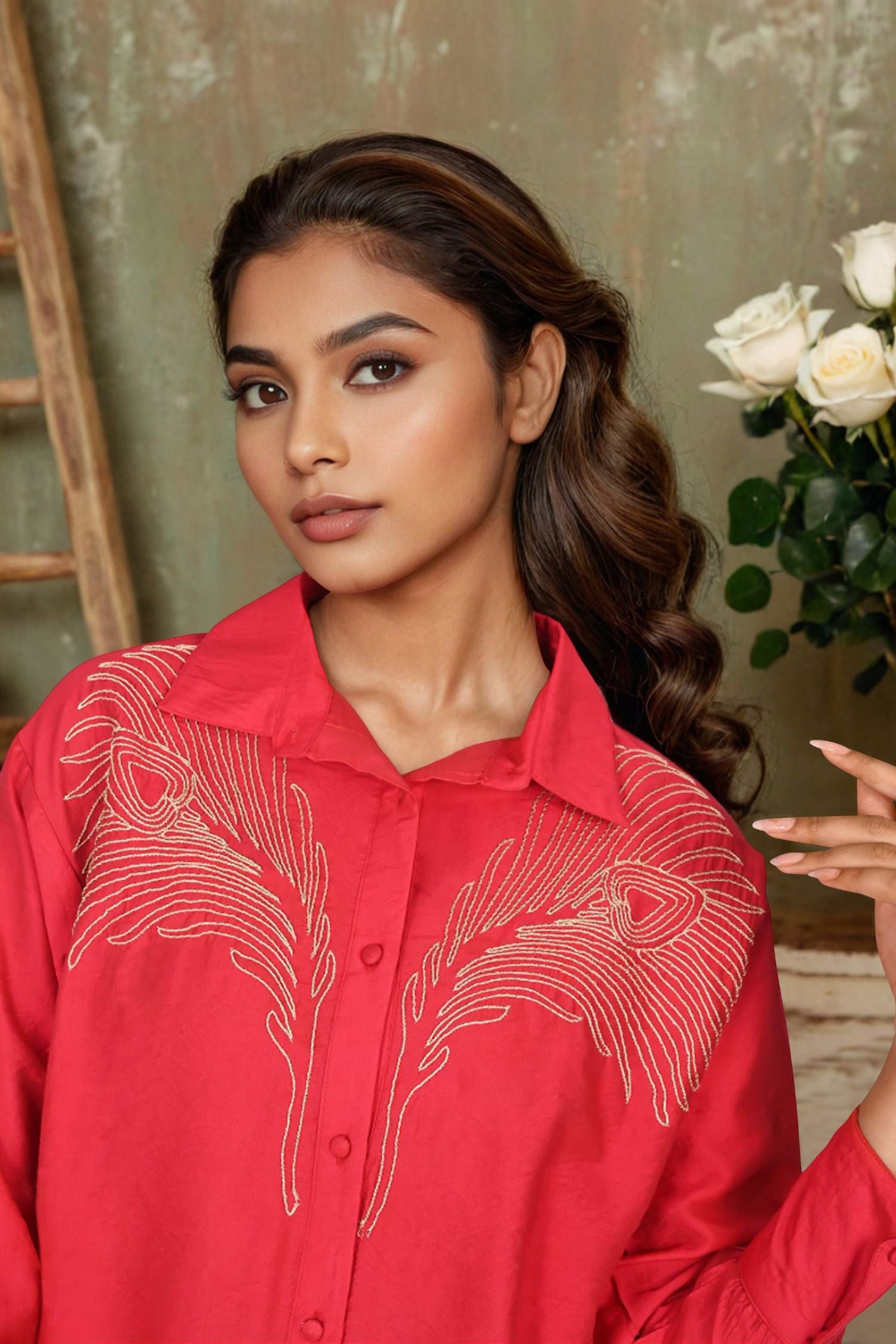 Red Full-Sleeve Shirt Featuring Delicate Embroidered Work