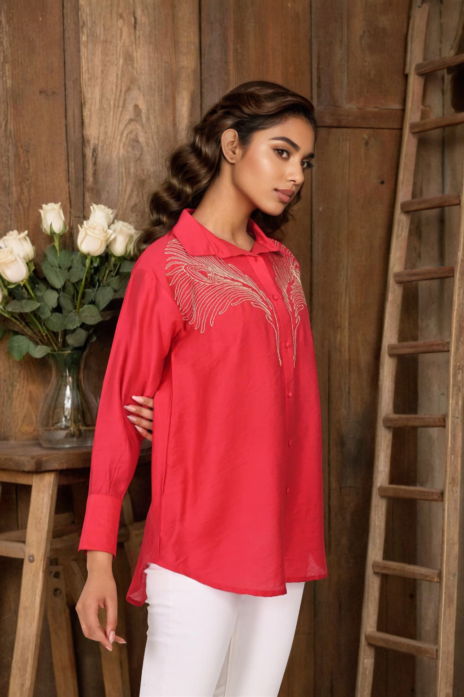 Red Full-Sleeve Shirt Featuring Delicate Embroidered Work