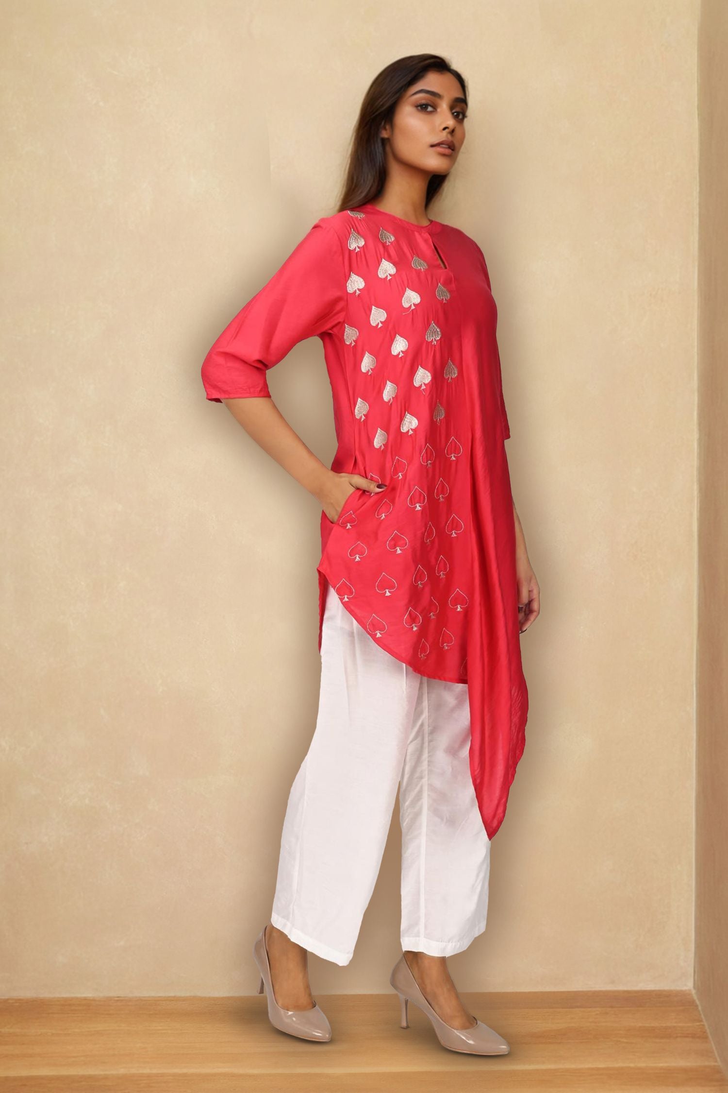 Leaf print Asymmetrical Pink Cord set