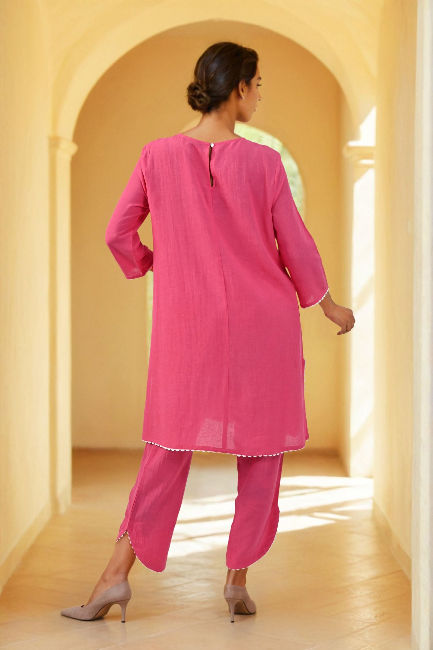 Pink Cord Set with Flower Patch and Thread Work Detailing