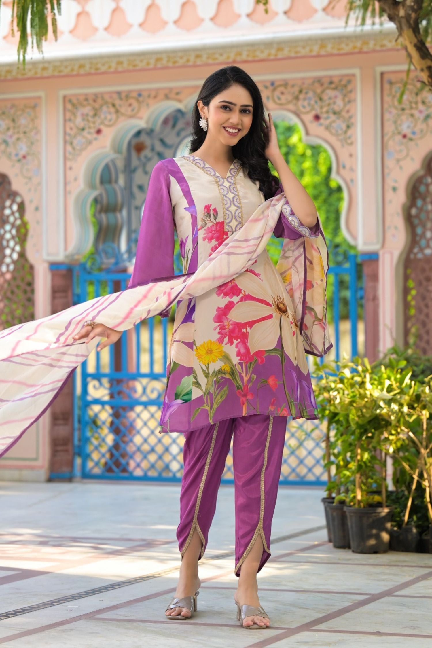 Cream Co-ord Set with Purple Embroidery & Dhoti Pants