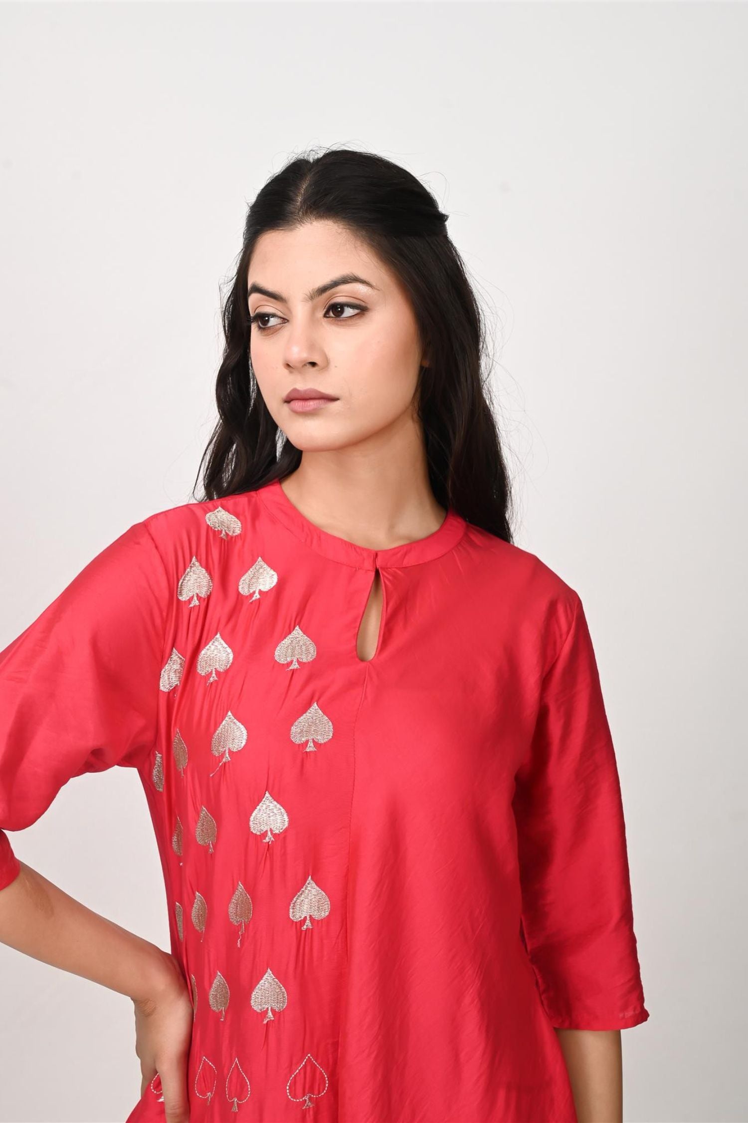 Leaf print Asymmetrical Pink Cord set