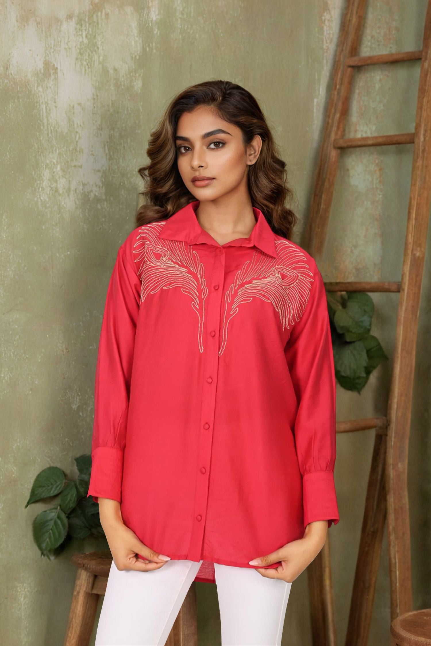 Red Full-Sleeve Shirt Featuring Delicate Embroidered Work