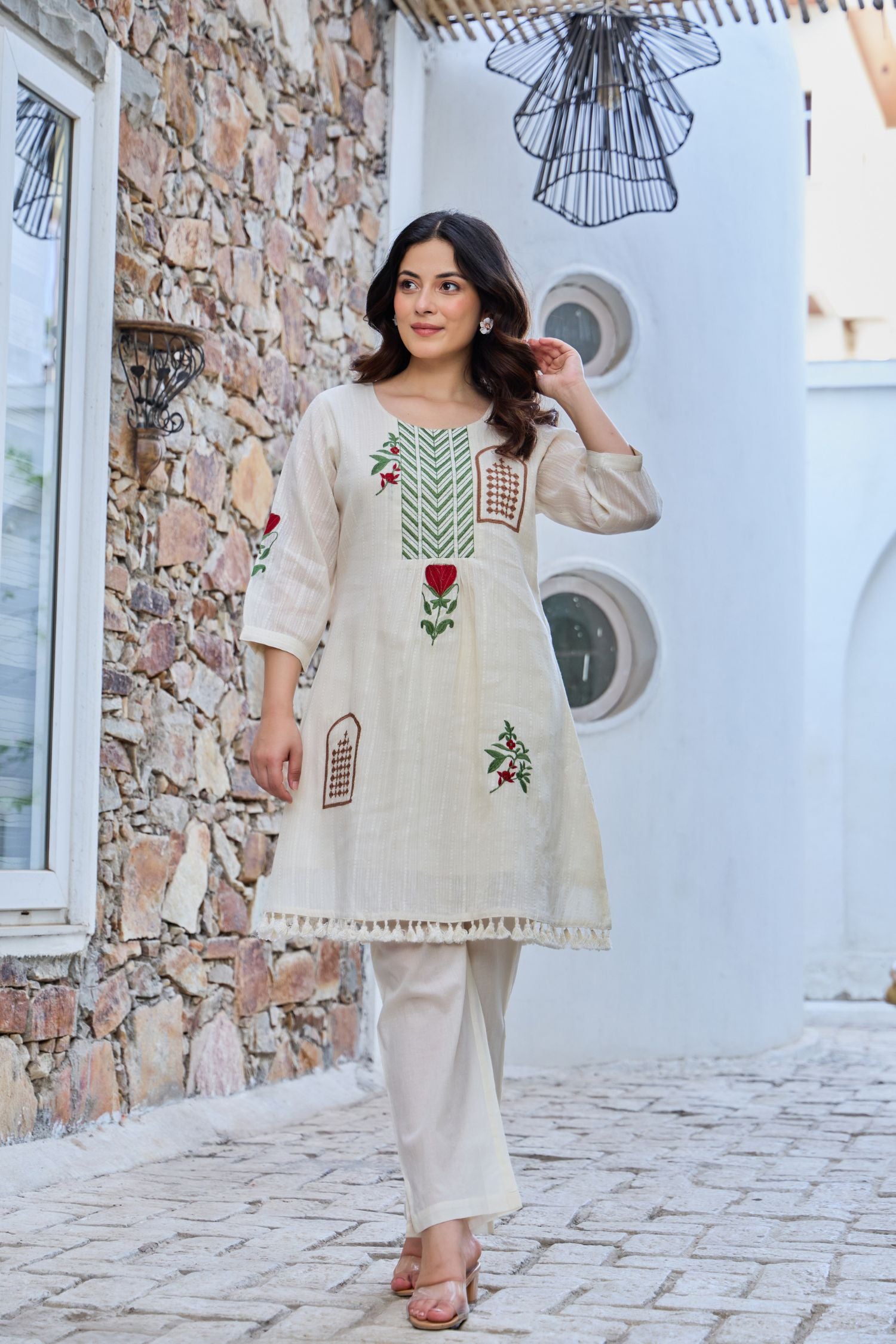 Off-White Cord Set Highlighted with Elegant Thread Embroidery