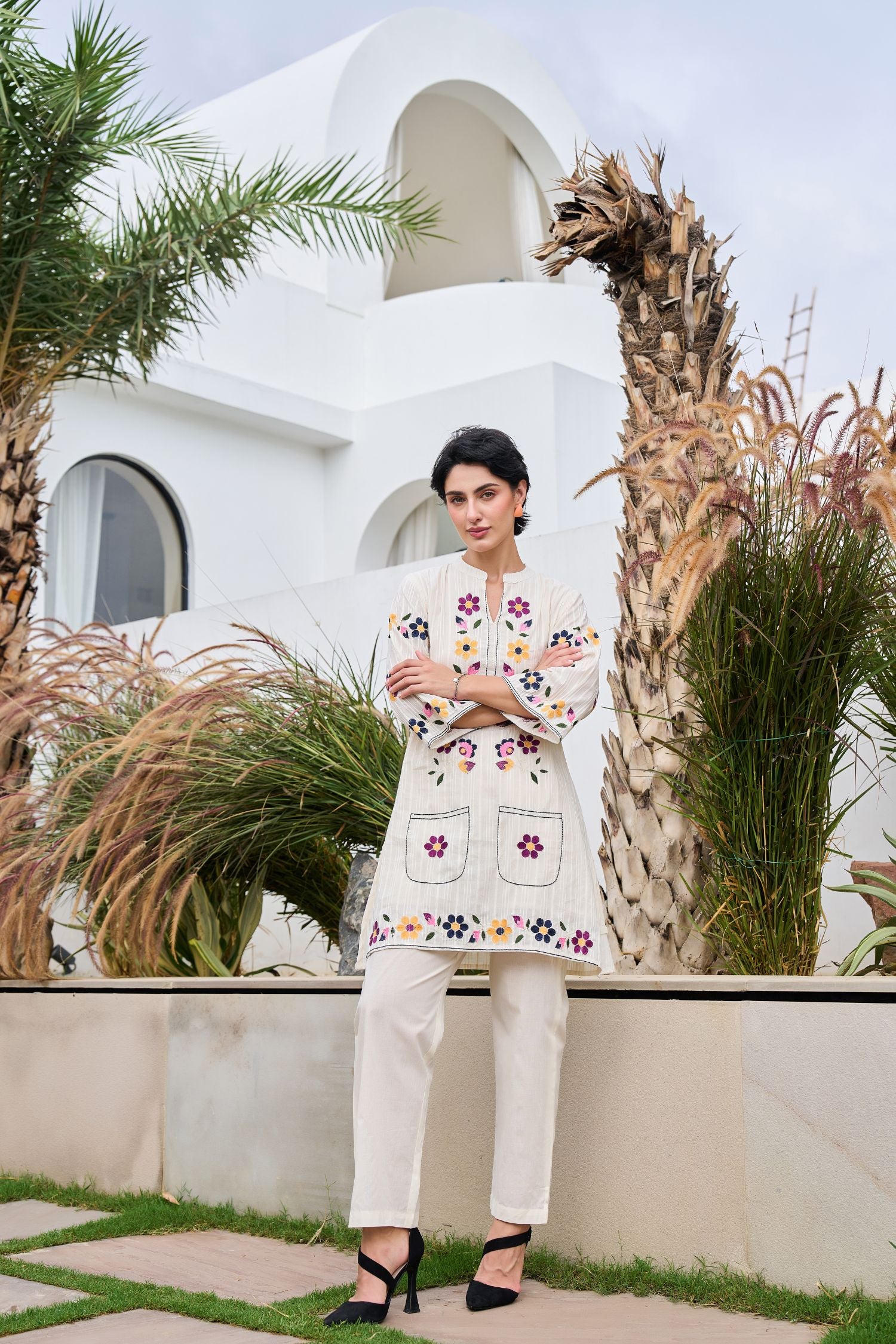 Off-White Cord Set Featuring Small Thread Work Flowers and Solid Pants