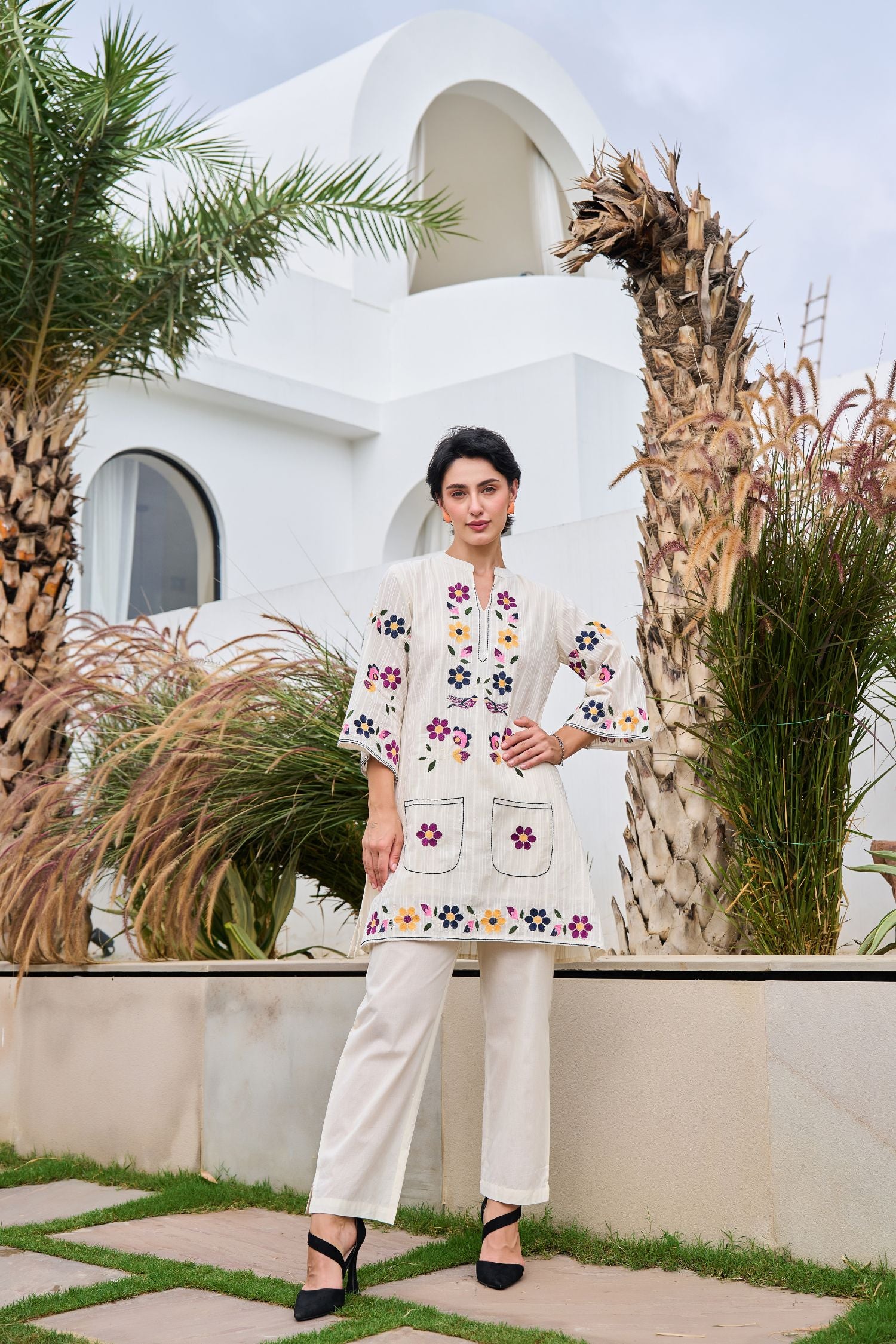 Off-White Cord Set Featuring Small Thread Work Flowers and Solid Pants