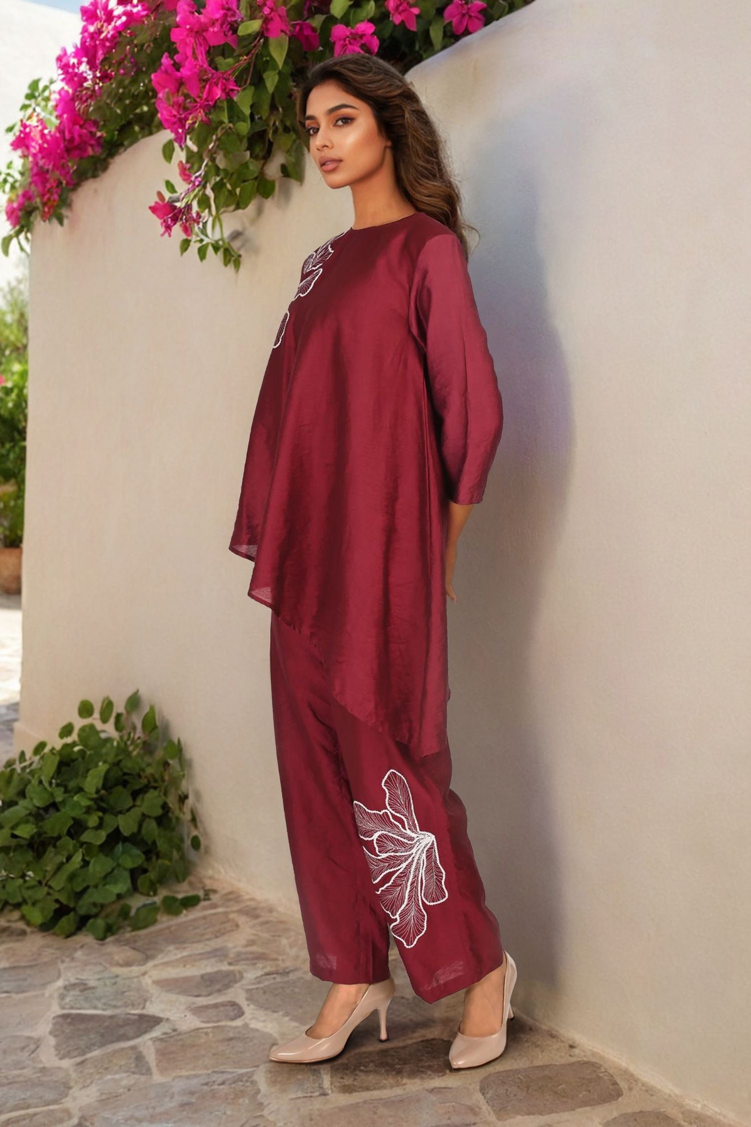 Maroon Petal Asymmetrical Satin Cord Set