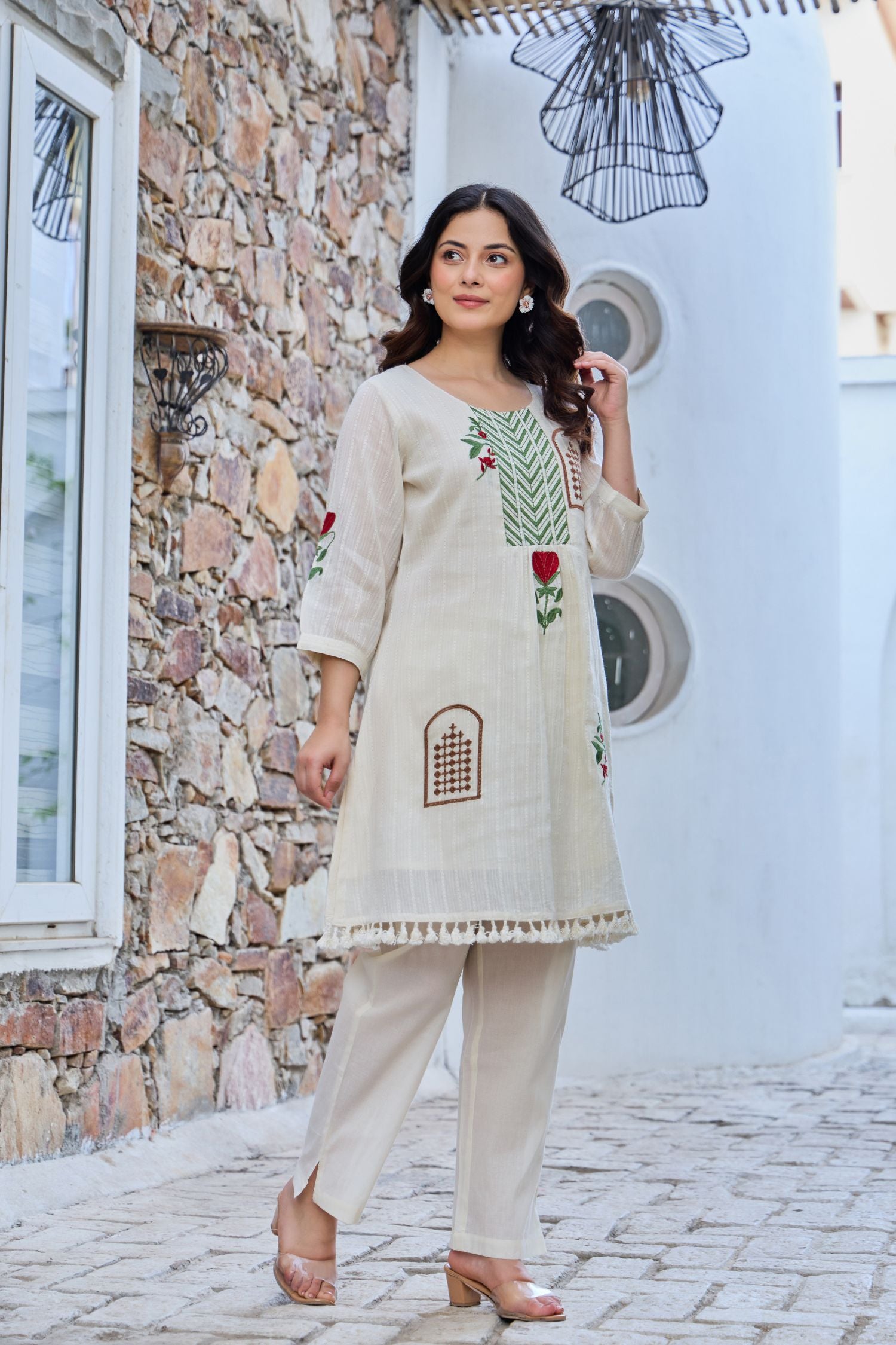 Off-White Cord Set Highlighted with Elegant Thread Embroidery
