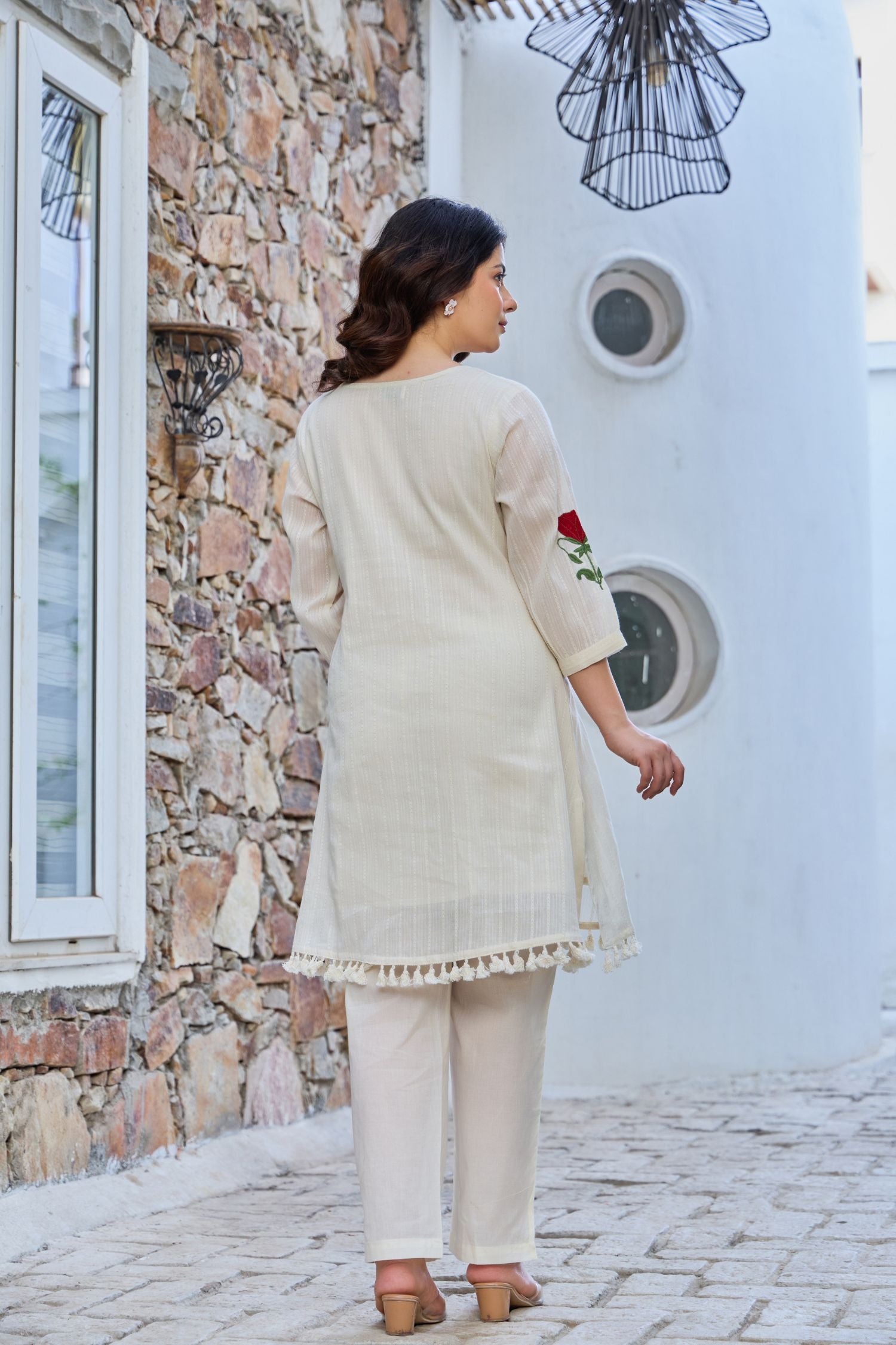 Off-White Cord Set Highlighted with Elegant Thread Embroidery