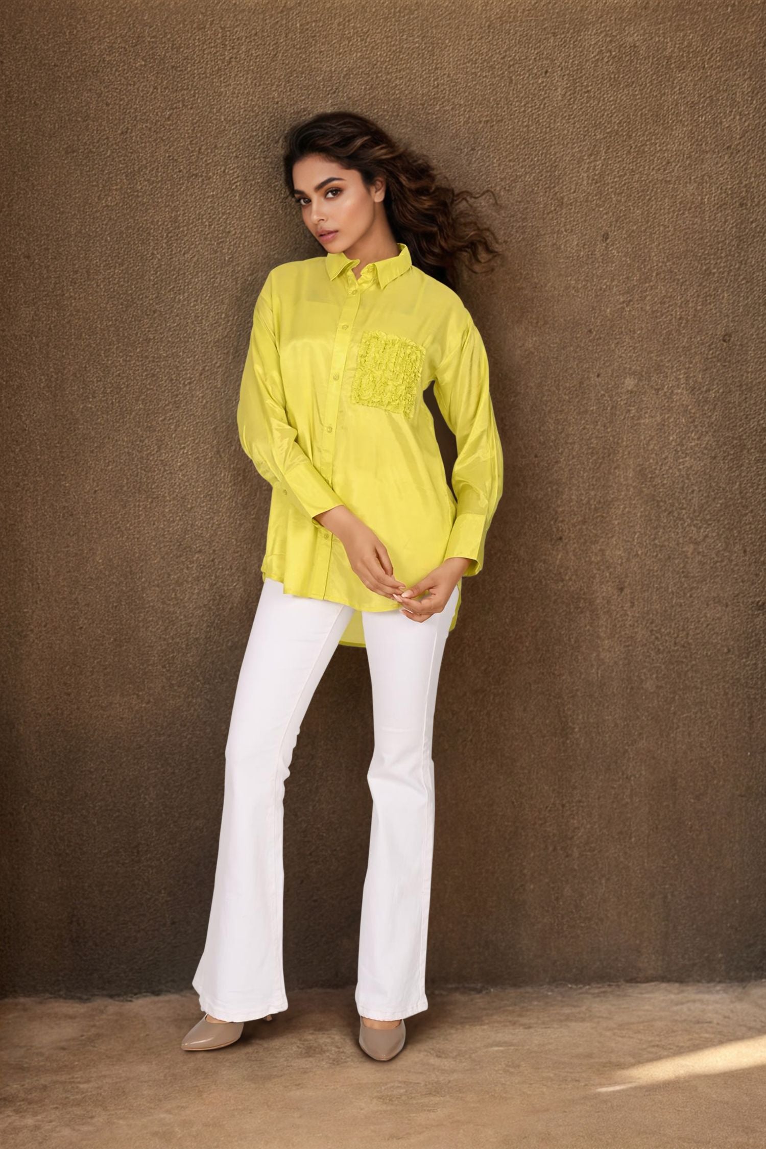 Yellow High-Low Shirt with Embroidered Pocket