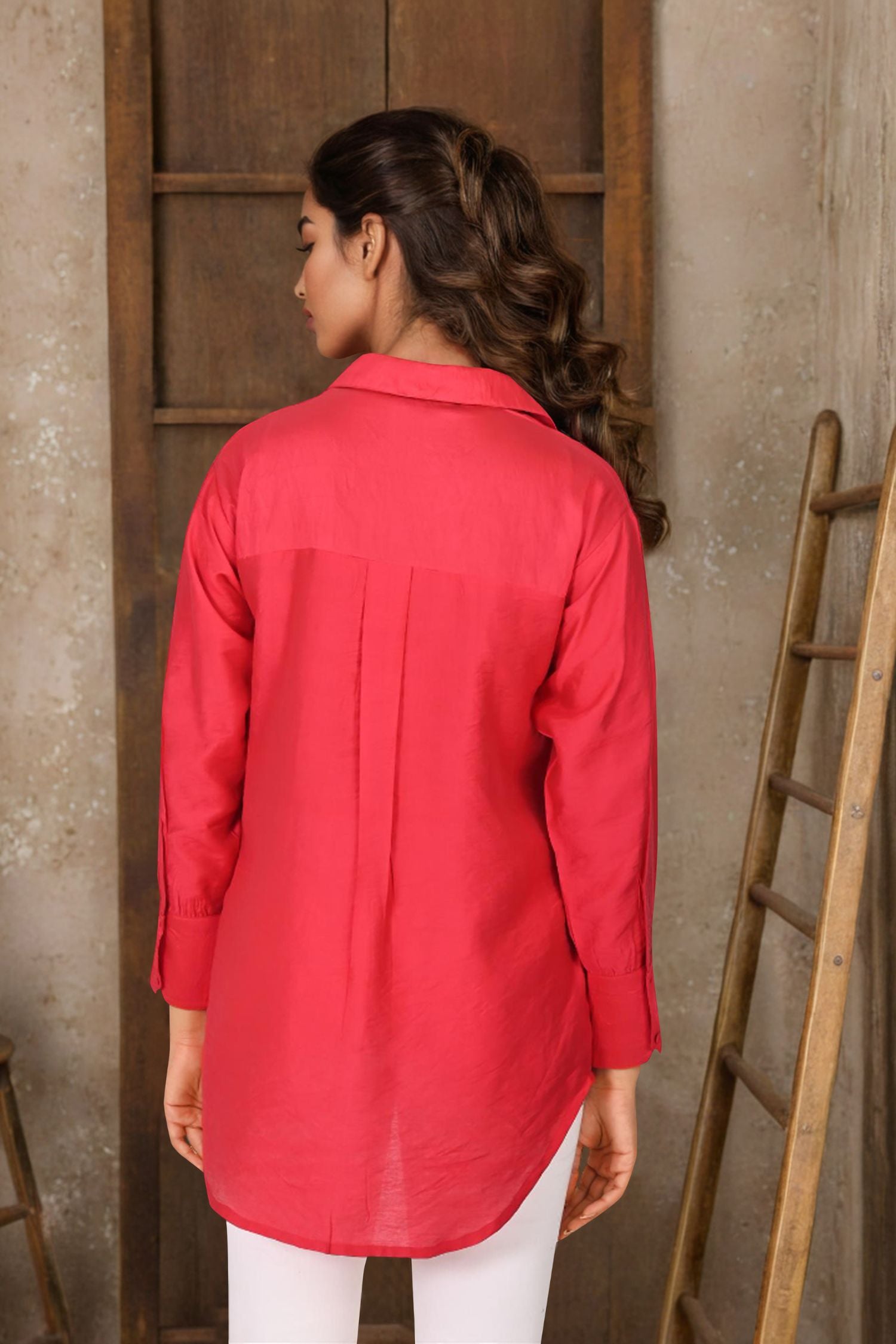 Red Full-Sleeve Shirt Featuring Delicate Embroidered Work
