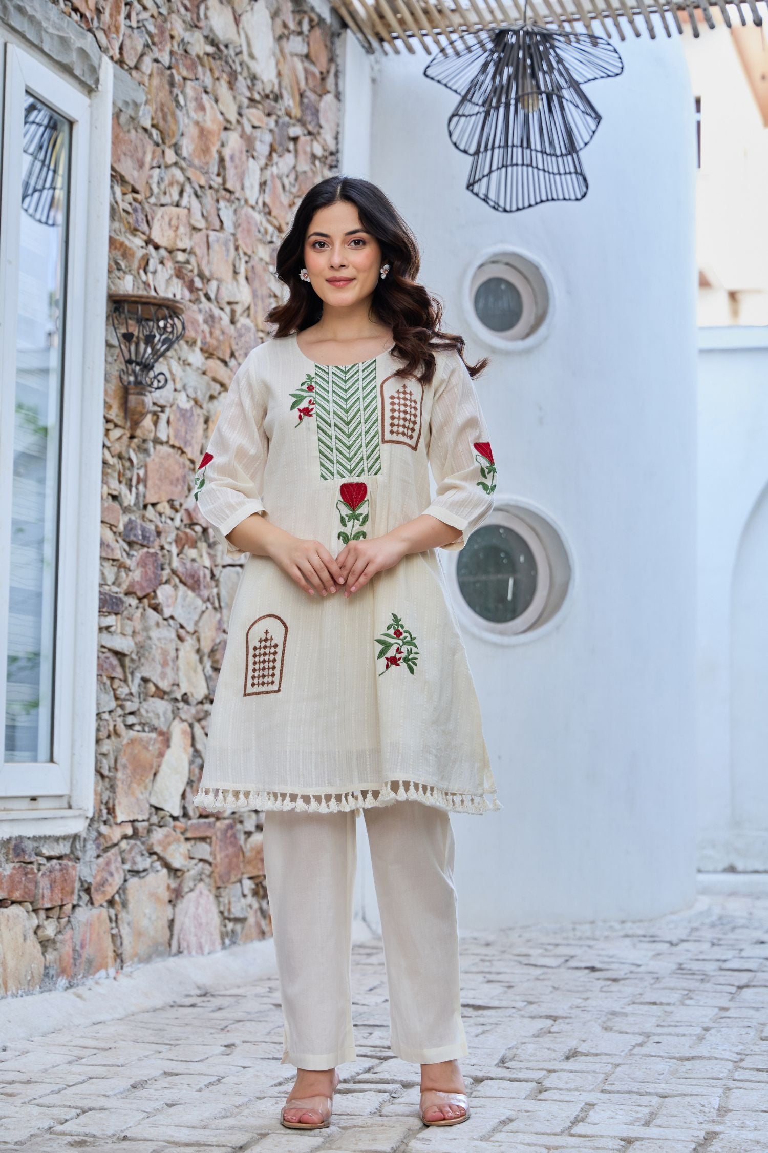 Off-White Cord Set Highlighted with Elegant Thread Embroidery