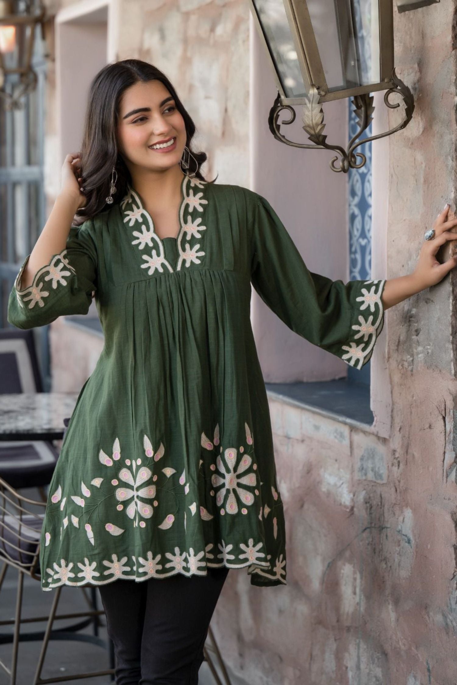 Dark Green Bloom Cotton Neck Printed Tunic