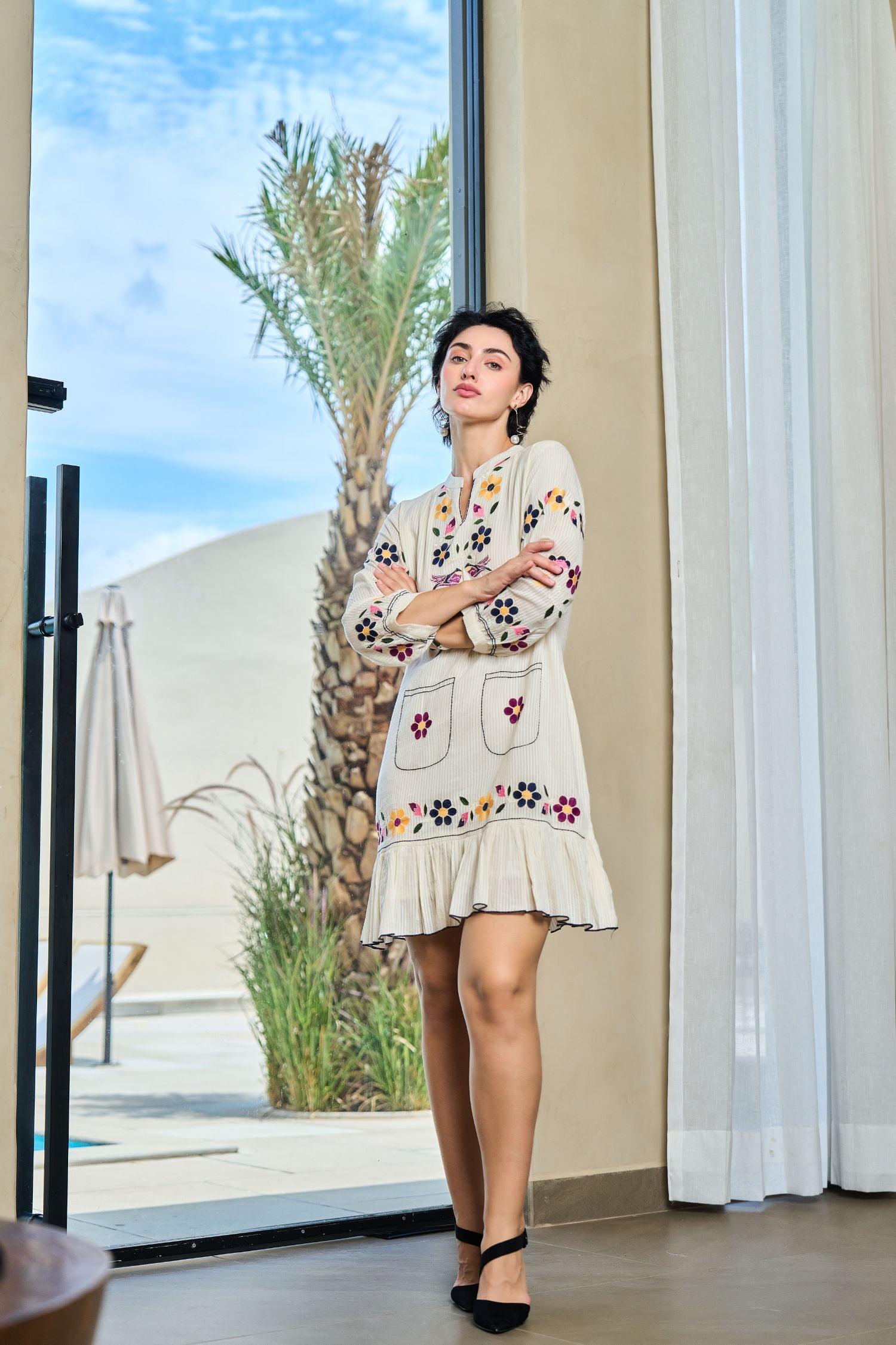 Off-White Tunic with Graceful Floral Print Detailing